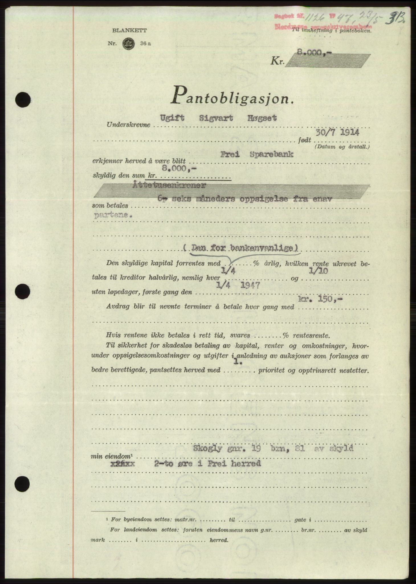 Nordmøre sorenskriveri, SAT/A-4132/1/2/2Ca: Pantebok nr. B96, 1947-1947, Dagboknr: 1126/1947