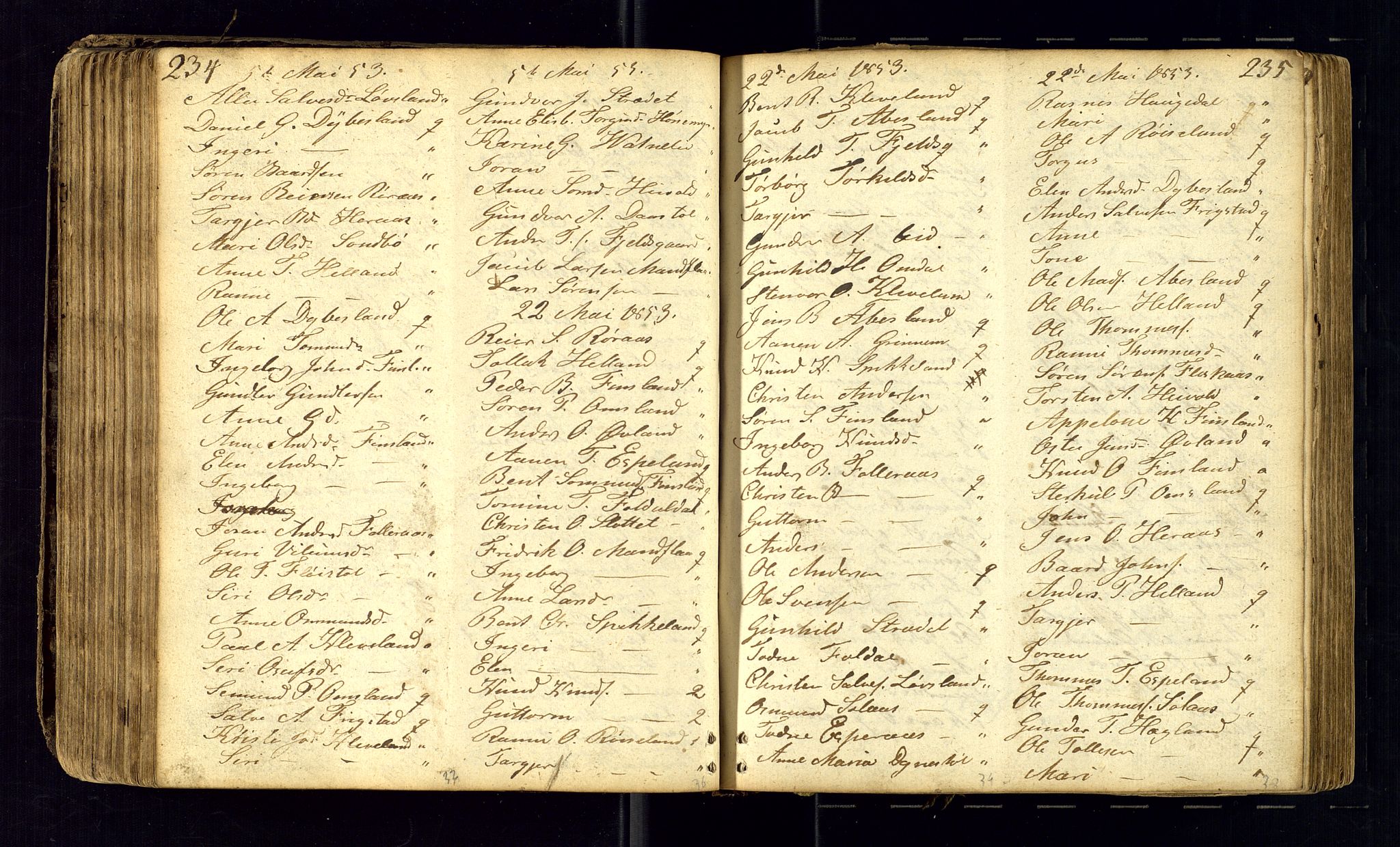 Bjelland sokneprestkontor, AV/SAK-1111-0005/F/Fc/Fcb/L0001: Kommunikantprotokoll nr. C-1, 1827-1906, s. 234-235