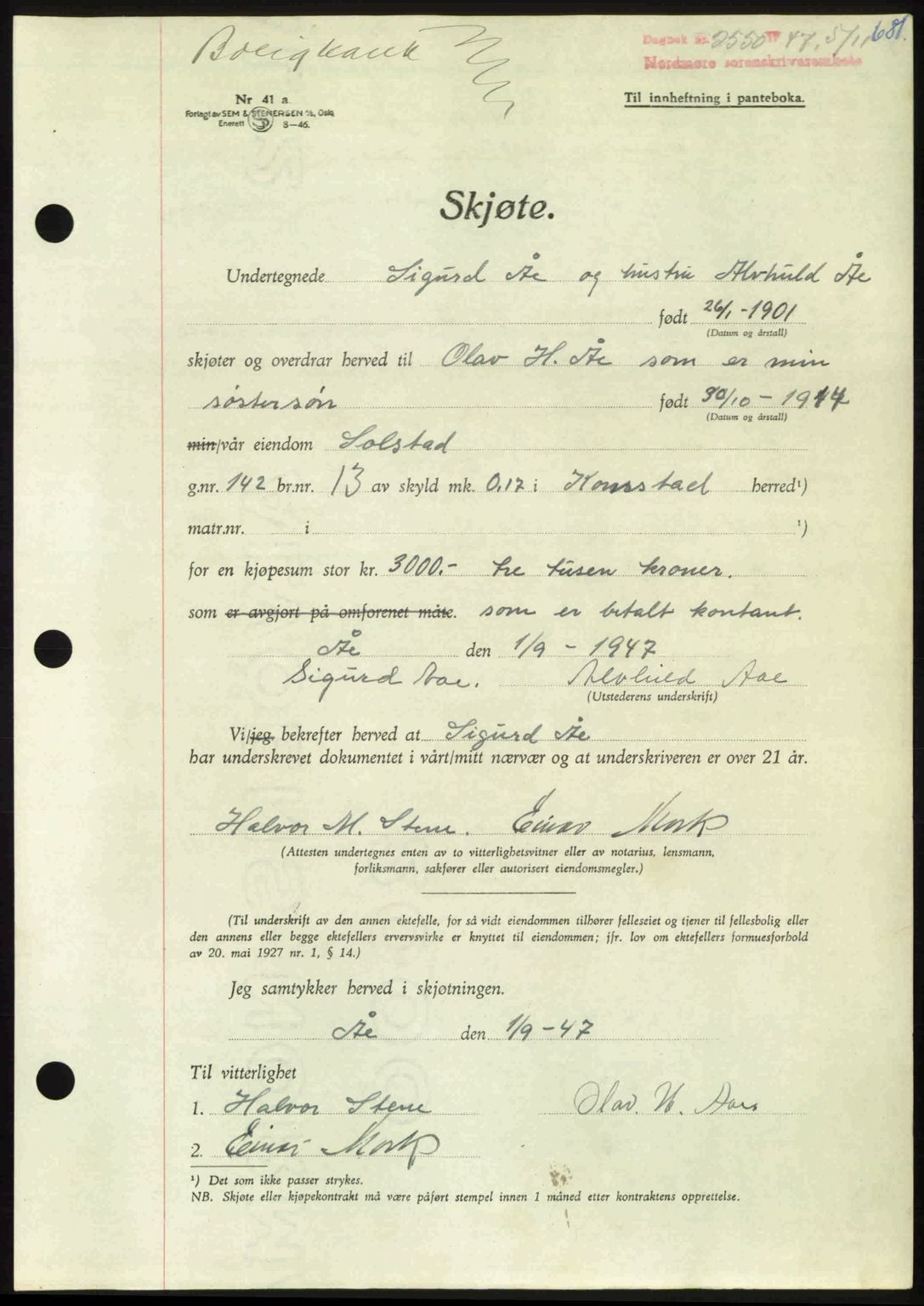 Nordmøre sorenskriveri, AV/SAT-A-4132/1/2/2Ca: Pantebok nr. A106, 1947-1947, Dagboknr: 2550/1947