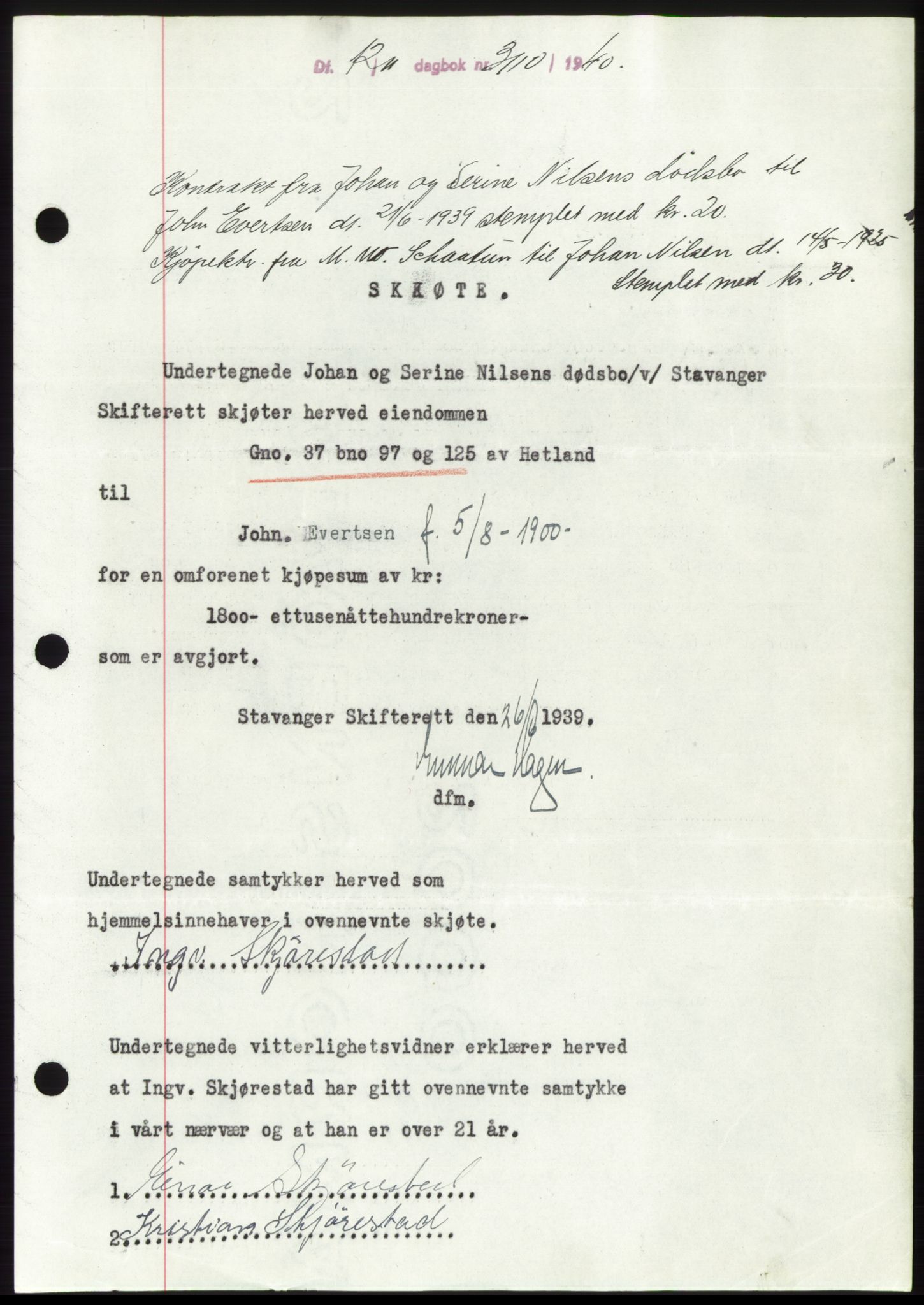Jæren sorenskriveri, SAST/A-100310/03/G/Gba/L0078: Pantebok, 1940-1940, Dagboknr: 3110/1940