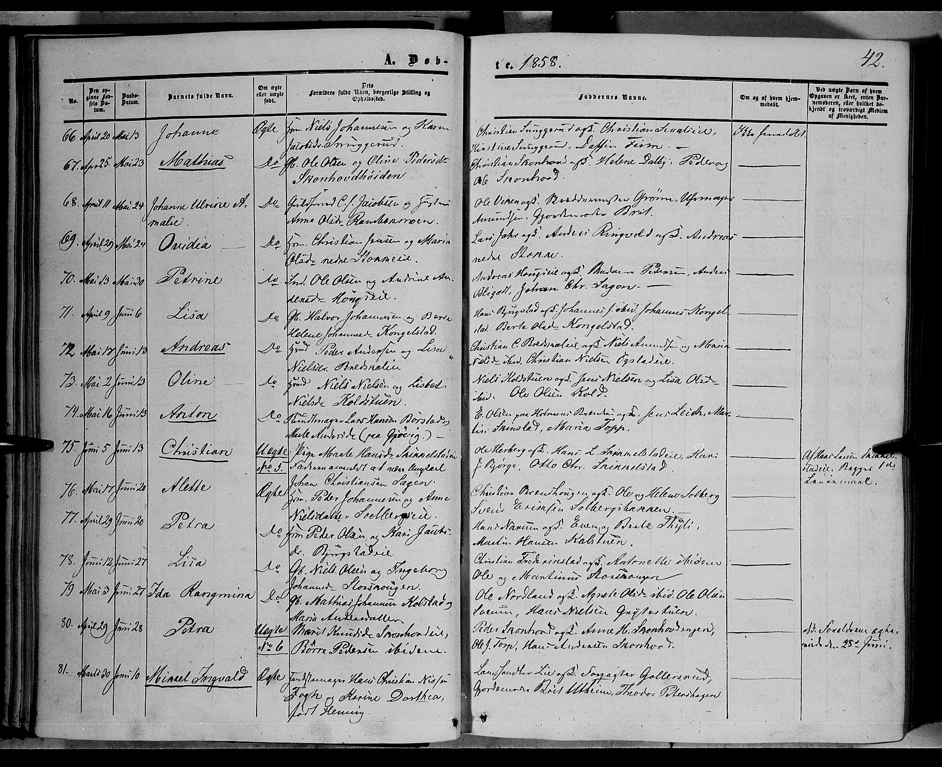 Vardal prestekontor, AV/SAH-PREST-100/H/Ha/Haa/L0006: Ministerialbok nr. 6, 1854-1866, s. 42