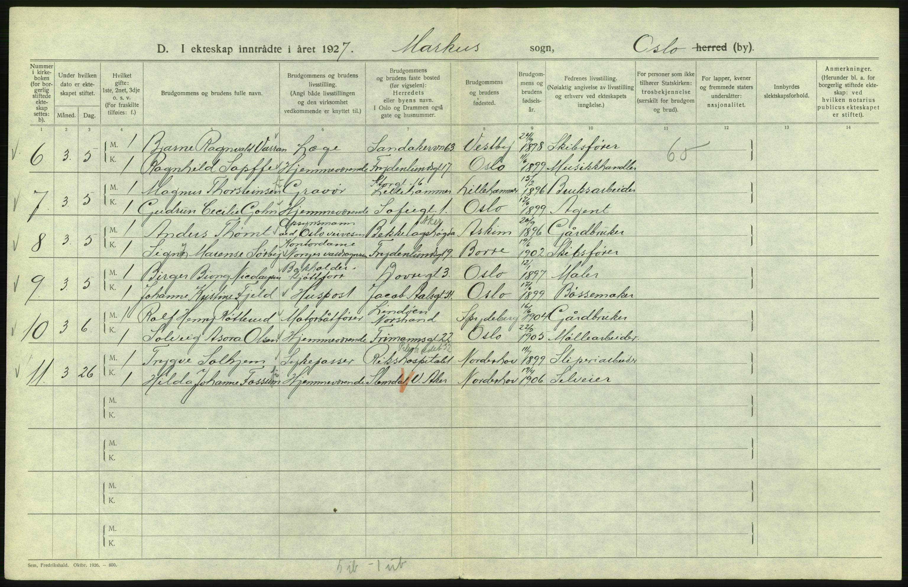 Statistisk sentralbyrå, Sosiodemografiske emner, Befolkning, AV/RA-S-2228/D/Df/Dfc/Dfcg/L0008: Oslo: Gifte, 1927, s. 318