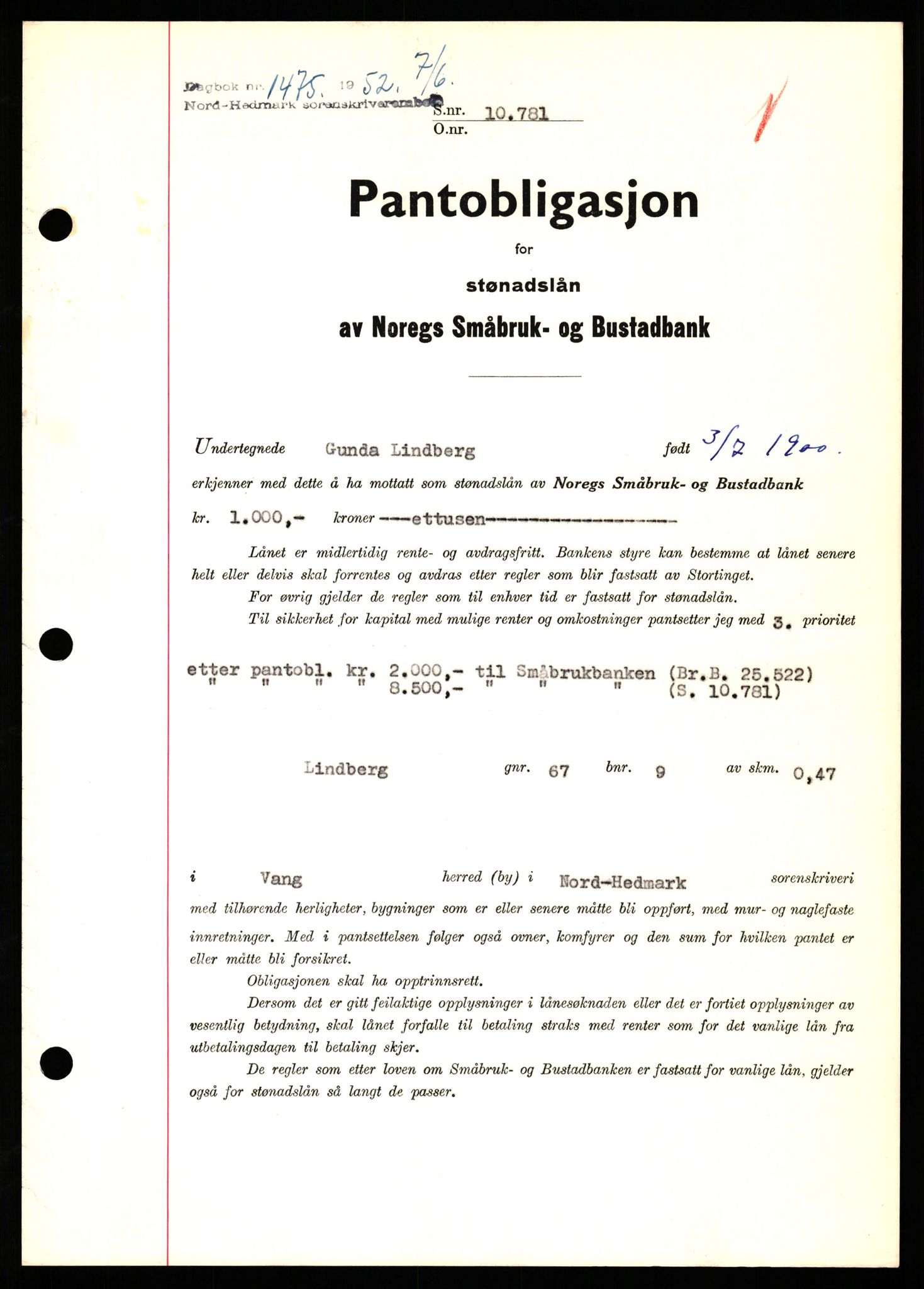 Nord-Hedmark sorenskriveri, SAH/TING-012/H/Hb/Hbf/L0025: Pantebok nr. B25, 1952-1952, Dagboknr: 1475/1952