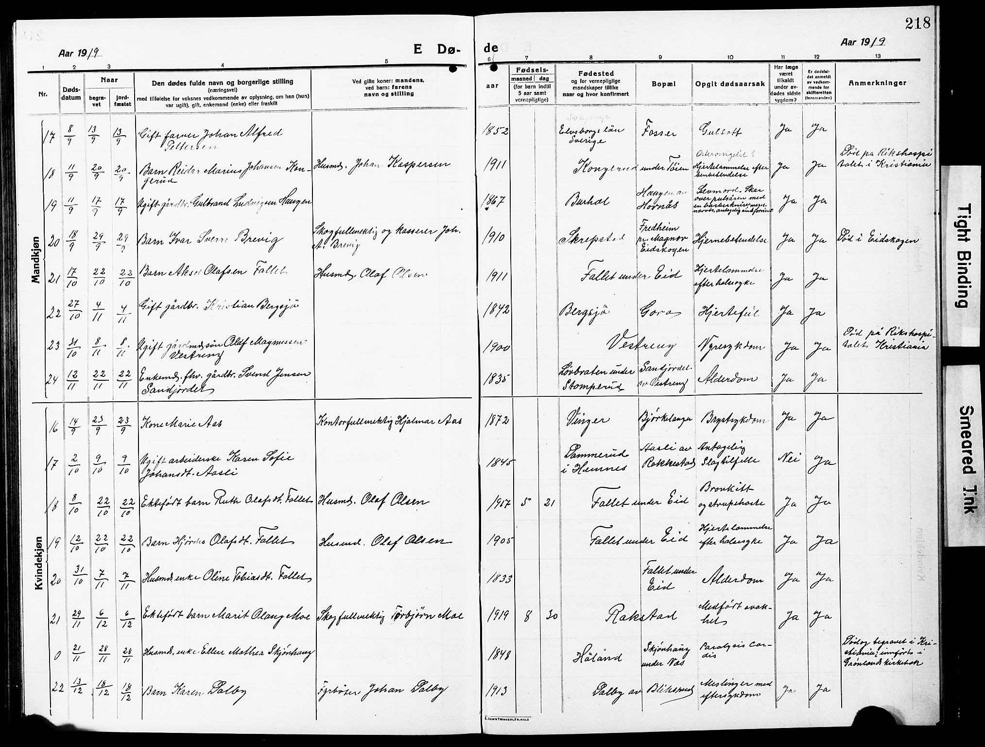 Høland prestekontor Kirkebøker, AV/SAO-A-10346a/G/Ga/L0008: Klokkerbok nr. I 8, 1915-1929, s. 218