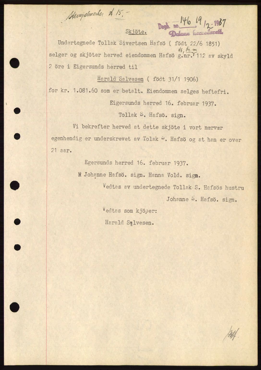 Dalane sorenskriveri, SAST/A-100309/02/G/Gb/L0041: Pantebok nr. A2, 1936-1937, Dagboknr: 146/1937