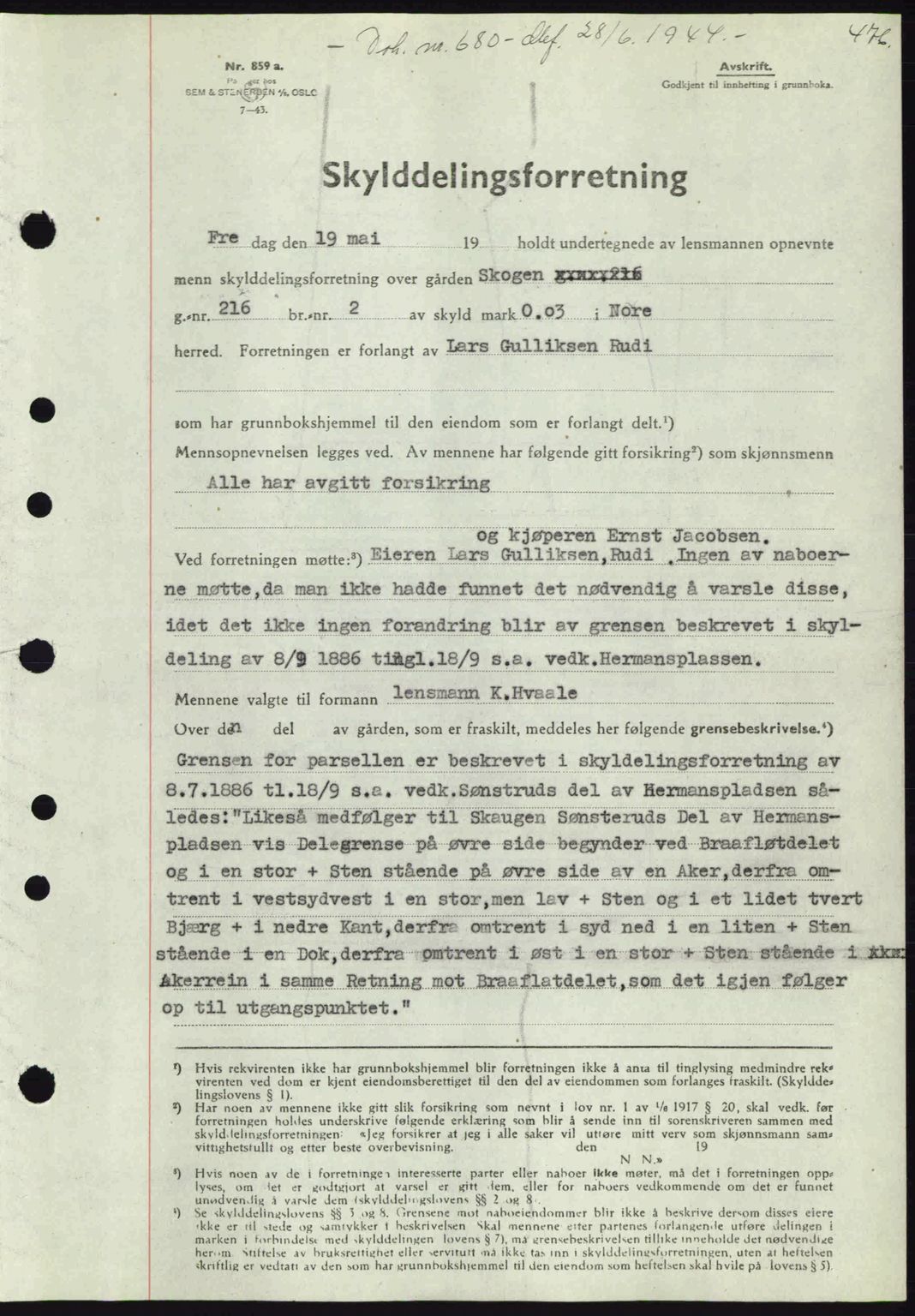 Numedal og Sandsvær sorenskriveri, SAKO/A-128/G/Ga/Gaa/L0055: Pantebok nr. A7, 1943-1944, Dagboknr: 680/1944