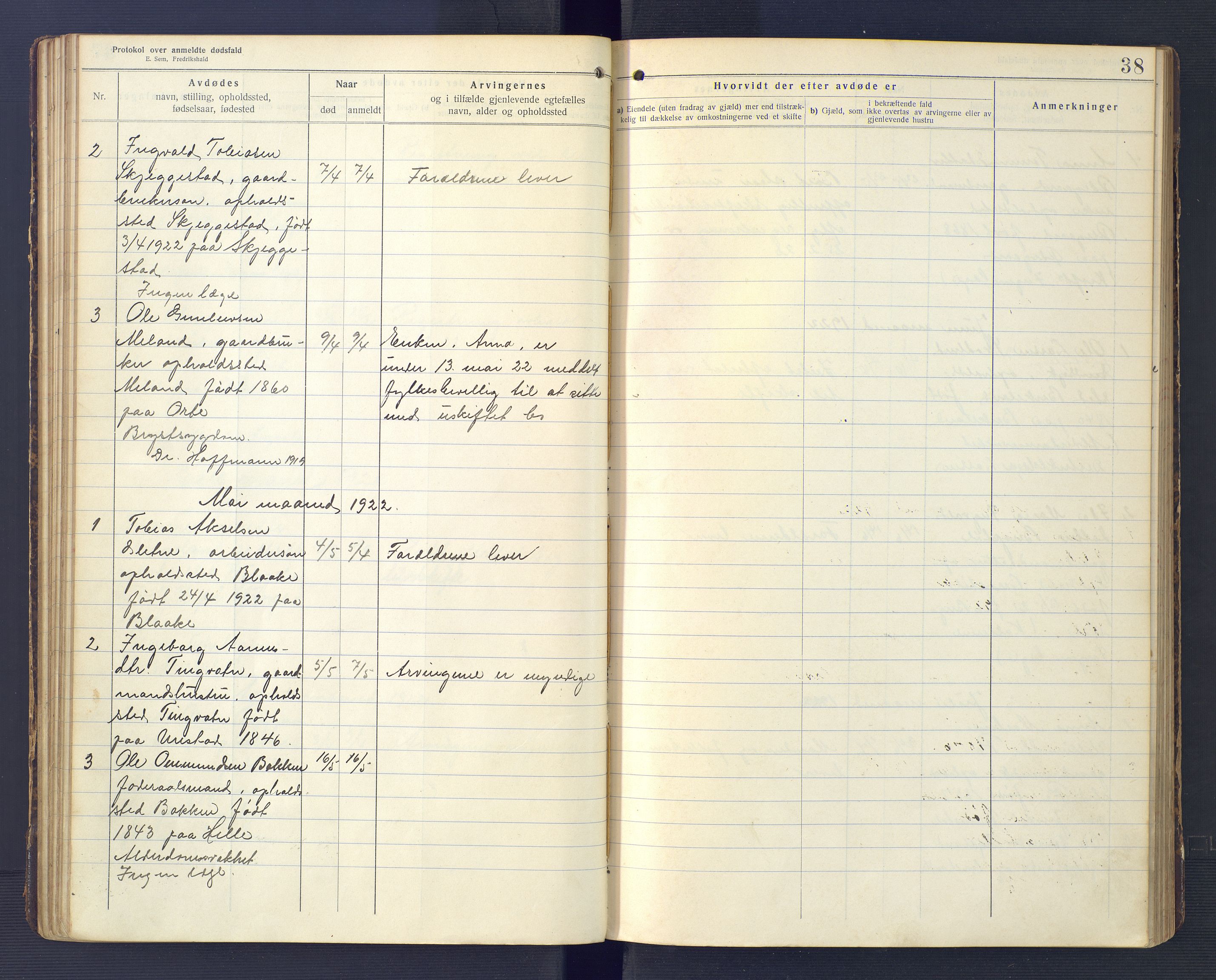 Hægebostad og Eiken lensmannskontor, AV/SAK-1241-0023/F/Fe/L0002: Dødsfallsprotokoll nr 34, 1917-1932, s. 38