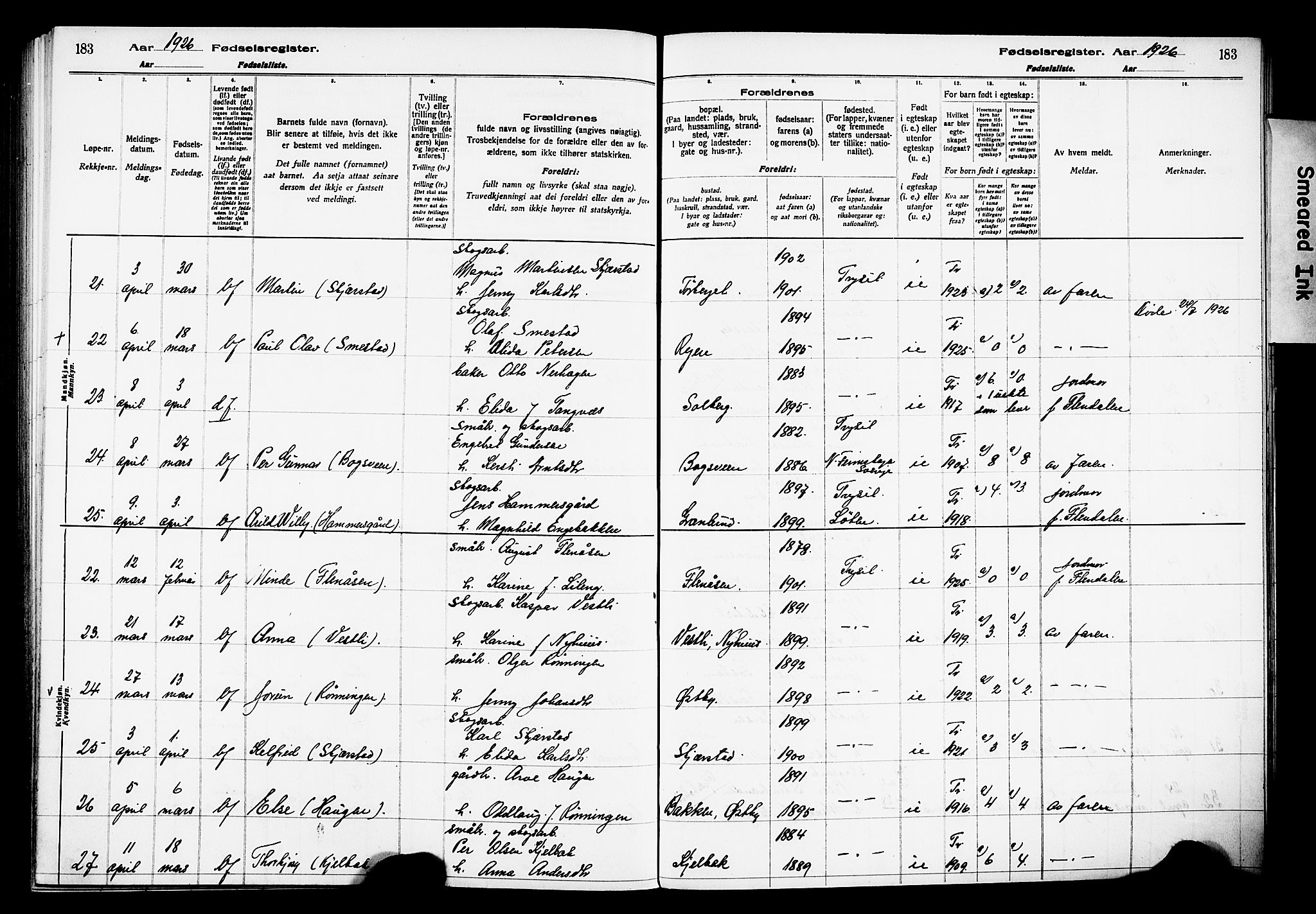 Trysil prestekontor, AV/SAH-PREST-046/I/Id/Ida/L0001: Fødselsregister nr. I 1, 1916-1927, s. 183