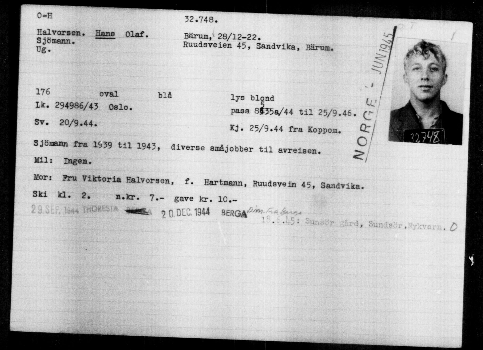 Utenriksstasjonene, Legasjonen i Stockholm, Flyktningkontoret, AV/RA-S-6753/V/Va/L0013: Kjesäterkartoteket, flyktninger med registreringsnr. 31500-34731, 1940-1945, s. 1311