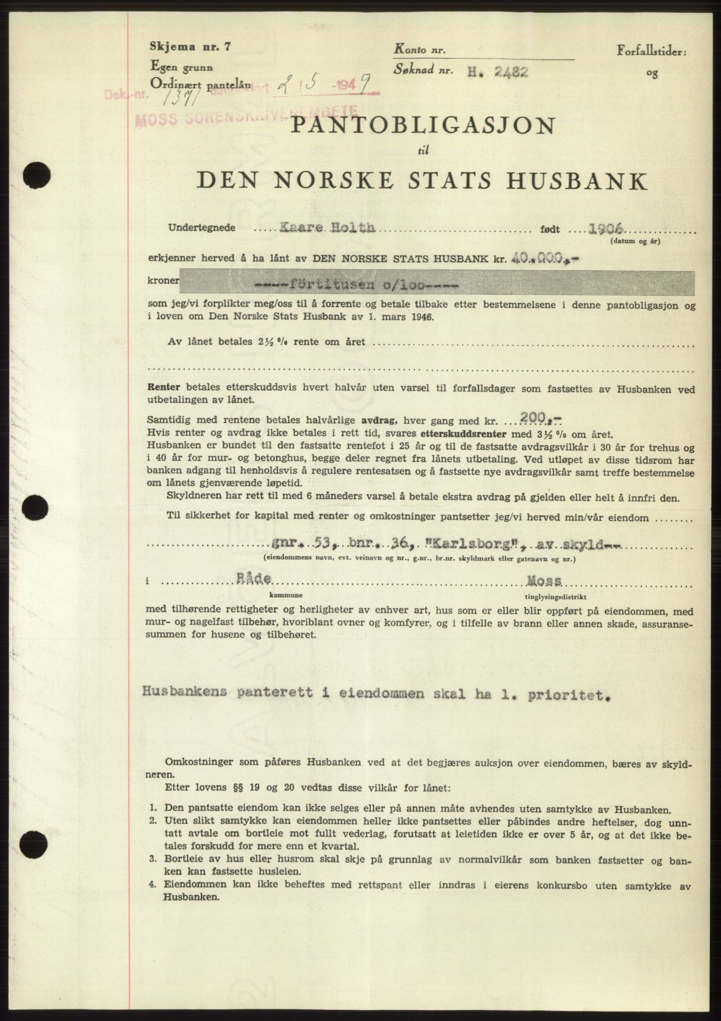 Moss sorenskriveri, SAO/A-10168: Pantebok nr. B21, 1949-1949, Dagboknr: 1371/1949