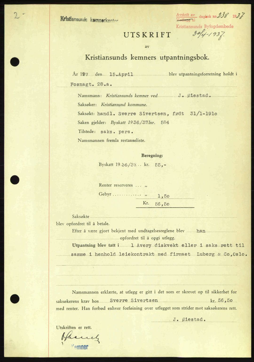 Kristiansund byfogd, SAT/A-4587/A/27: Pantebok nr. 29, 1936-1937, Dagboknr: 238/1937