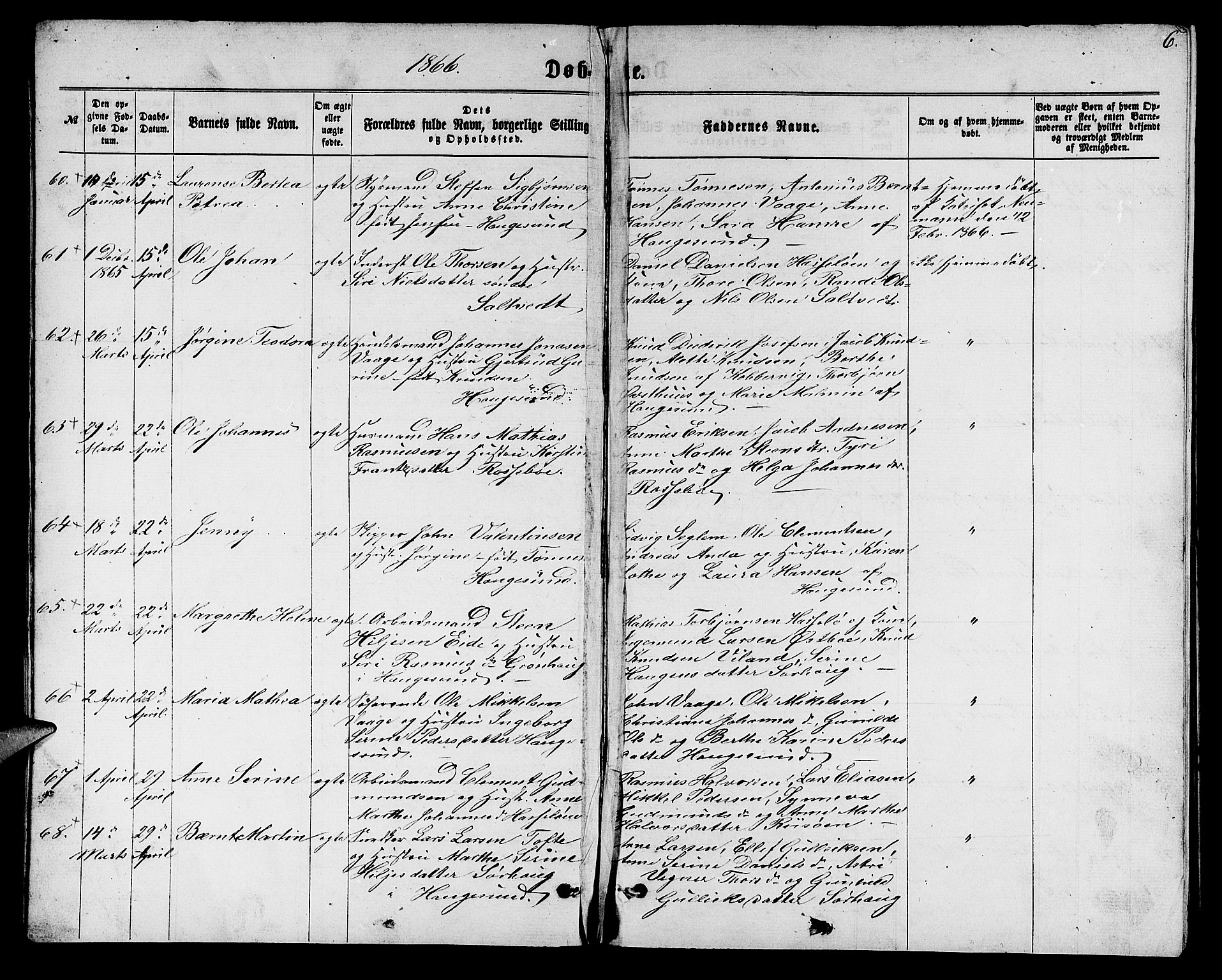 Torvastad sokneprestkontor, SAST/A -101857/H/Ha/Hab/L0007: Klokkerbok nr. B 7, 1866-1873, s. 6