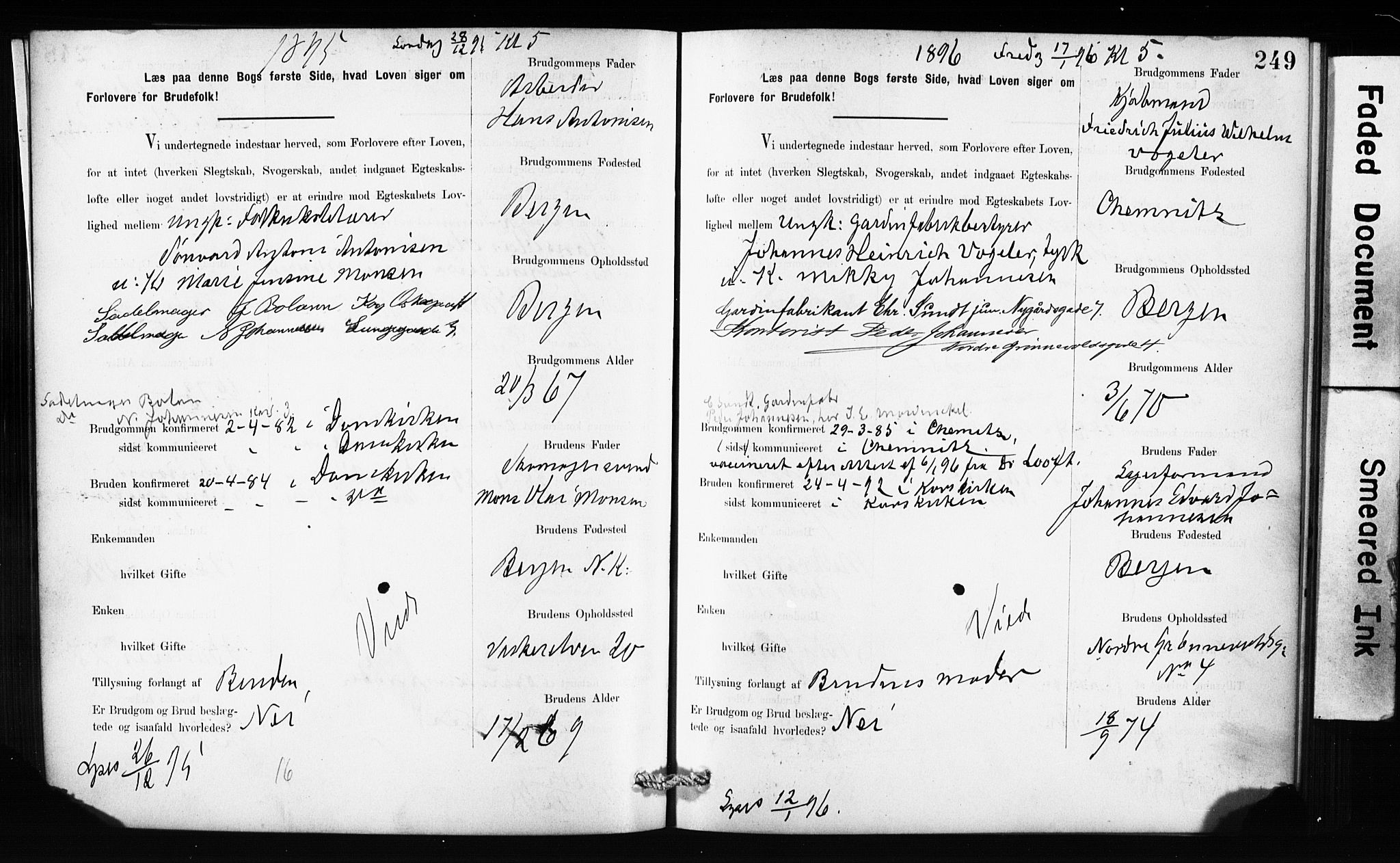 Domkirken sokneprestembete, SAB/A-74801: Forlovererklæringer nr. II.5.10, 1890-1899, s. 249