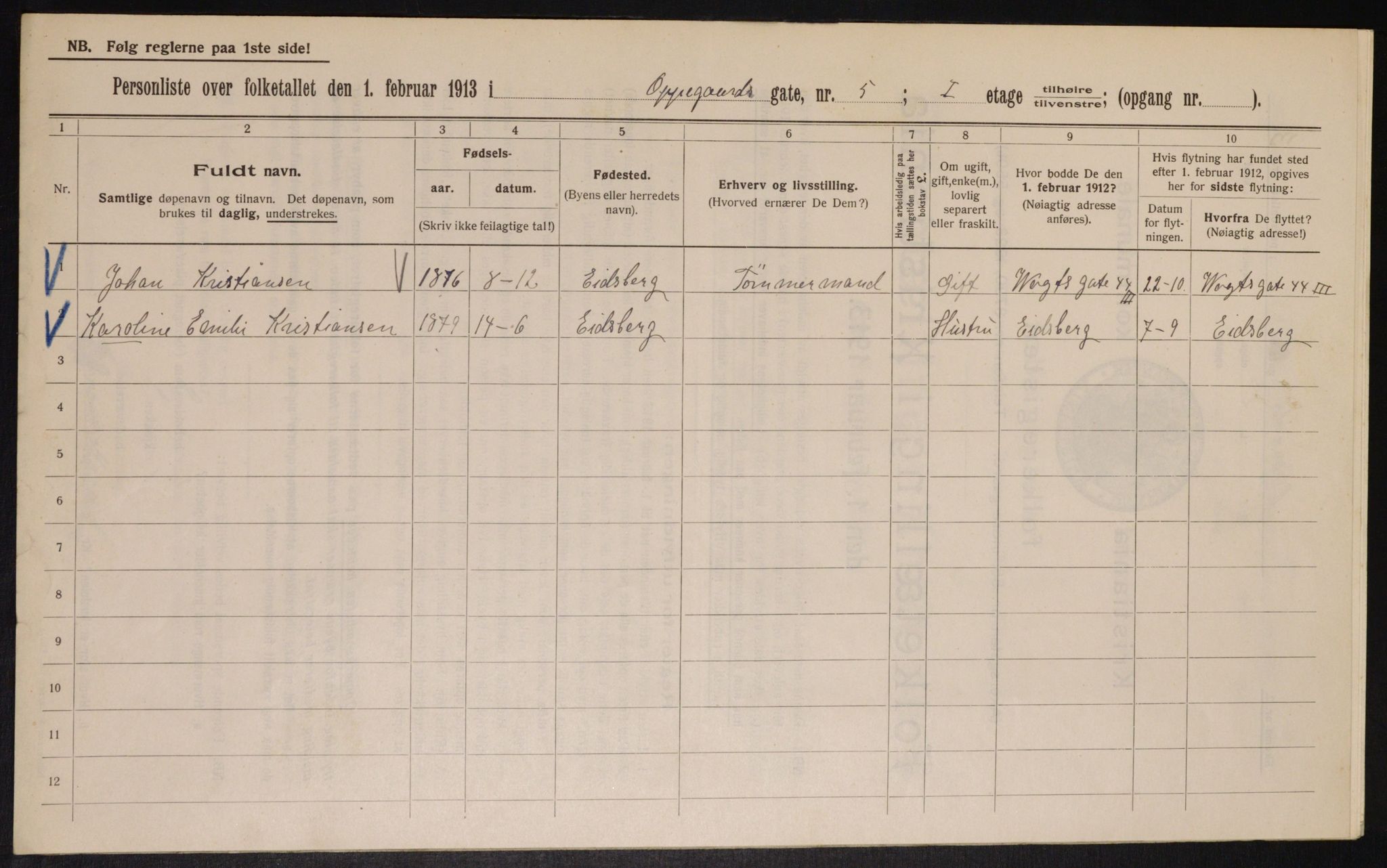 OBA, Kommunal folketelling 1.2.1913 for Kristiania, 1913, s. 75855