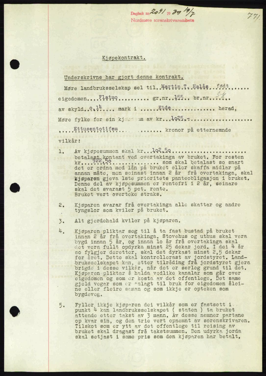 Nordmøre sorenskriveri, SAT/A-4132/1/2/2Ca: Pantebok nr. B85, 1939-1939, Dagboknr: 2091/1939