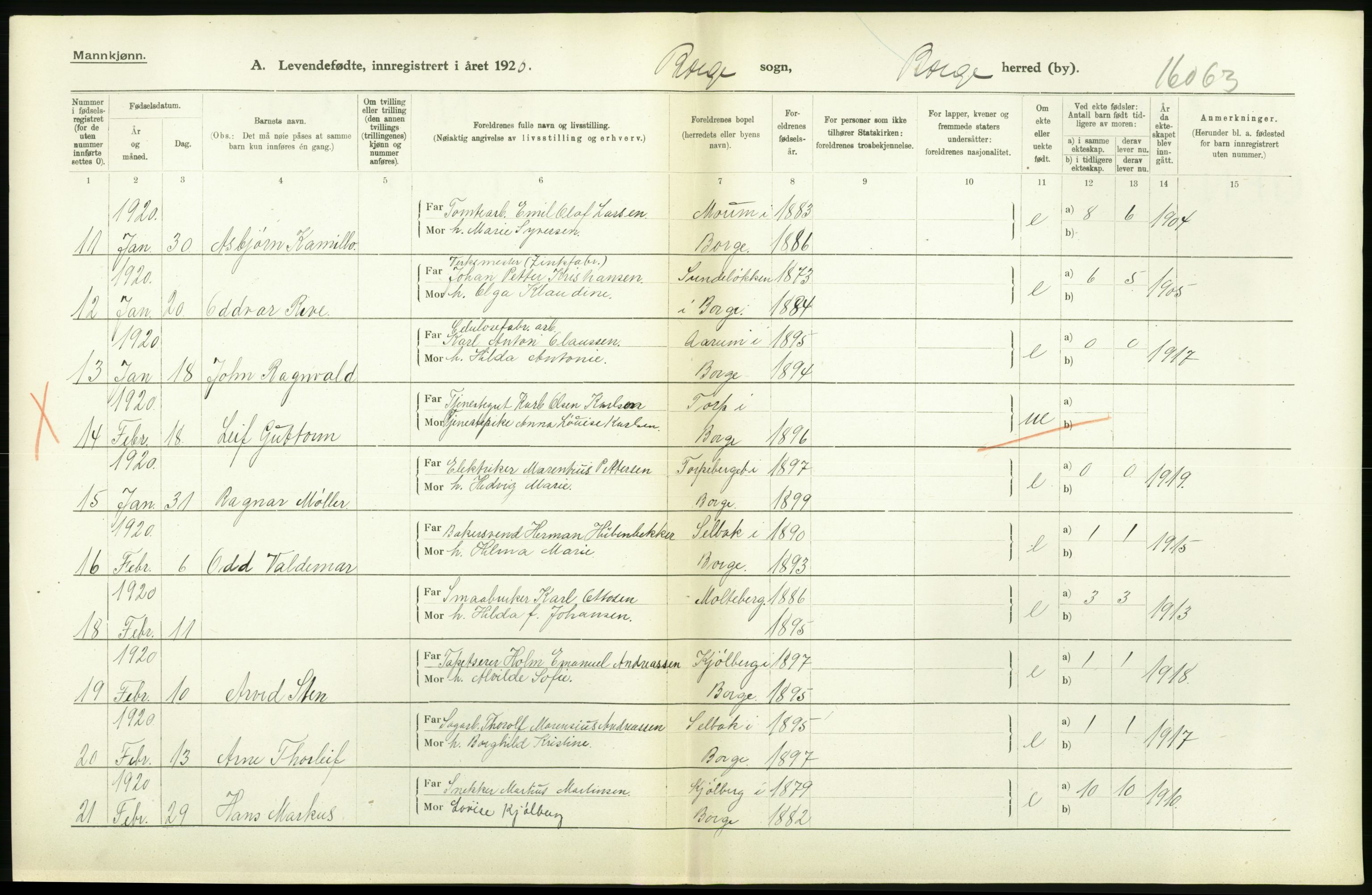 Statistisk sentralbyrå, Sosiodemografiske emner, Befolkning, RA/S-2228/D/Df/Dfb/Dfbj/L0001: Østfold fylke: Levendefødte menn og kvinner. Bygder., 1920, s. 190