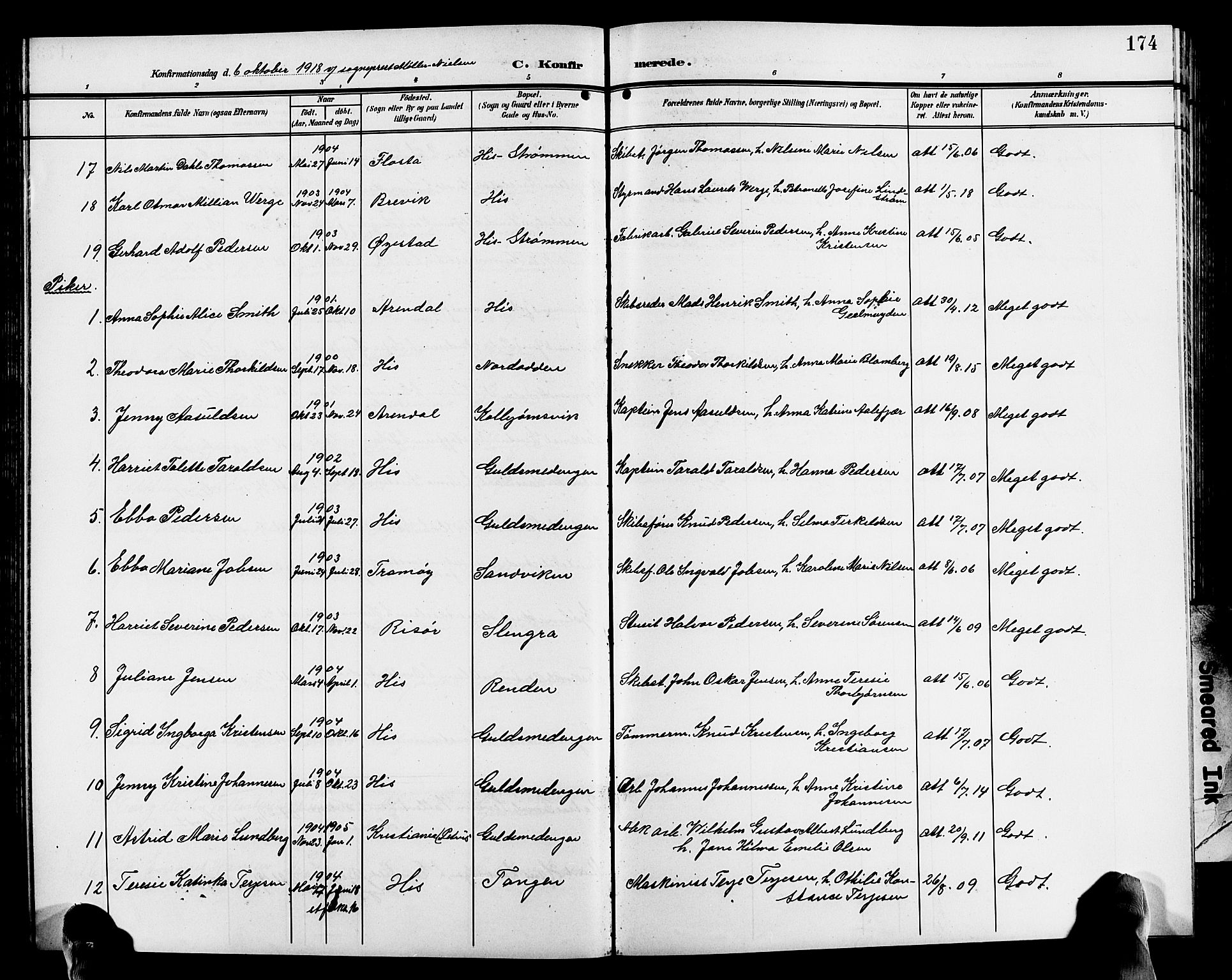Hisøy sokneprestkontor, AV/SAK-1111-0020/F/Fb/L0004: Klokkerbok nr. B 4, 1905-1923, s. 174
