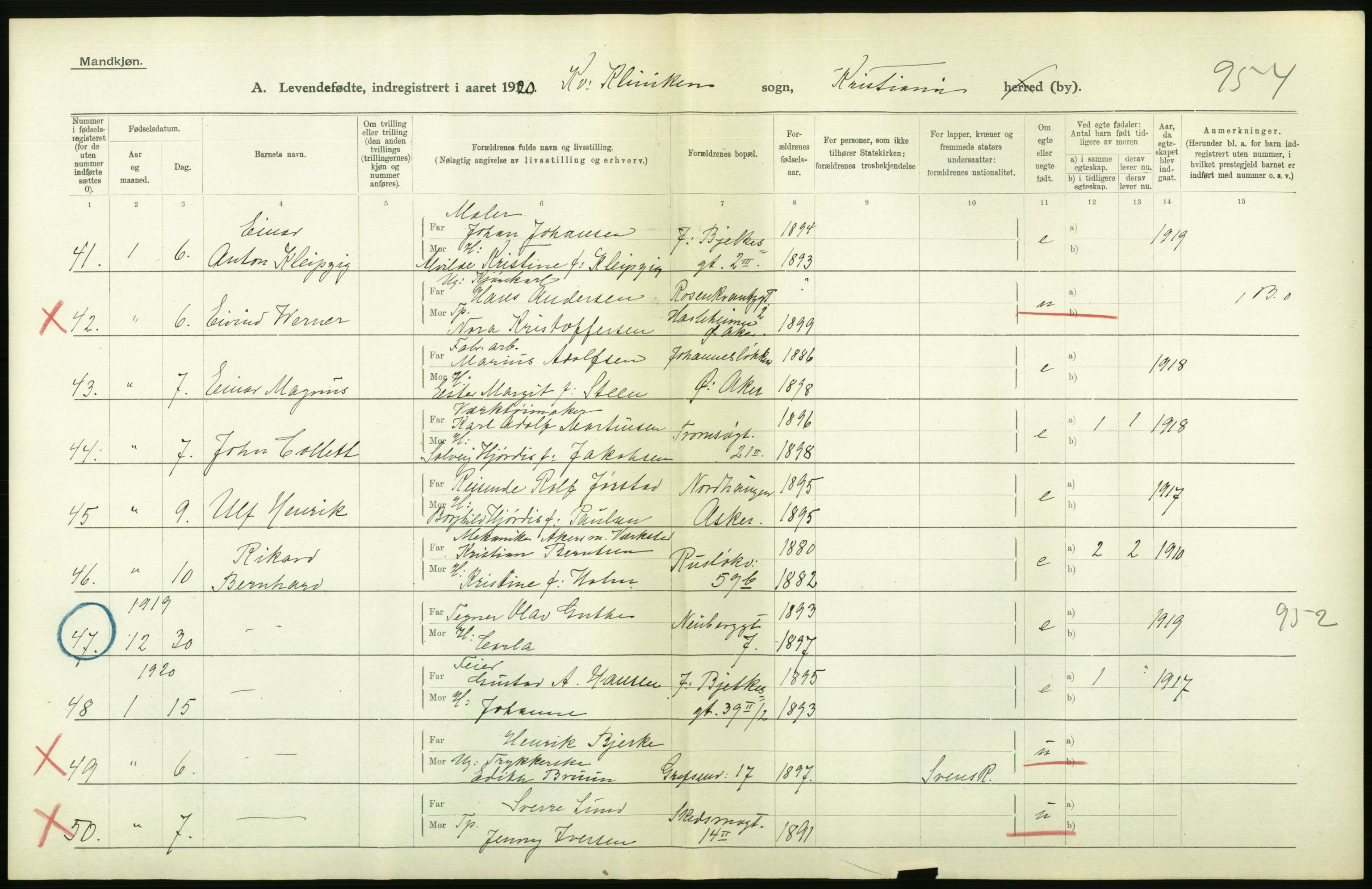 Statistisk sentralbyrå, Sosiodemografiske emner, Befolkning, AV/RA-S-2228/D/Df/Dfb/Dfbj/L0008: Kristiania: Levendefødte menn og kvinner., 1920, s. 330