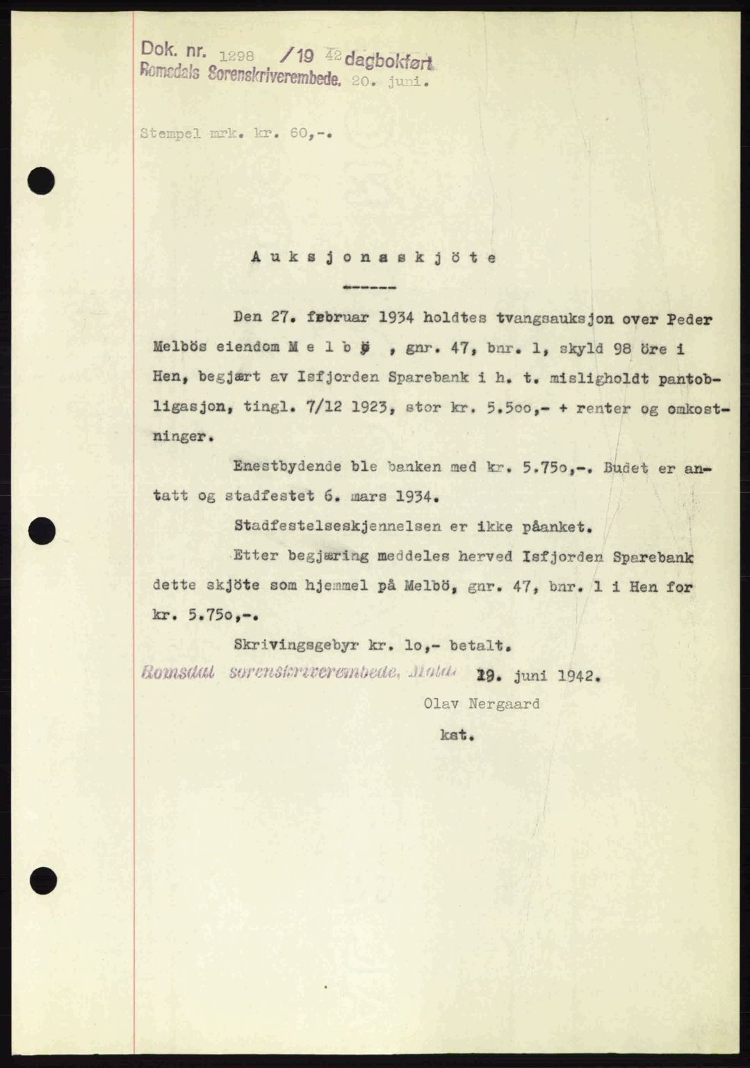 Romsdal sorenskriveri, SAT/A-4149/1/2/2C: Pantebok nr. A12, 1942-1942, Dagboknr: 1298/1942