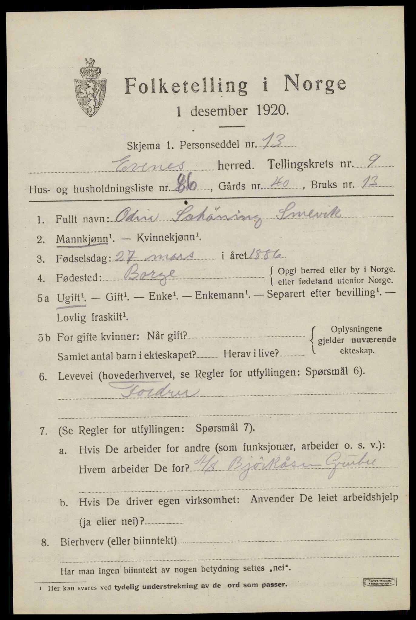SAT, Folketelling 1920 for 1853 Evenes herred, 1920, s. 8568