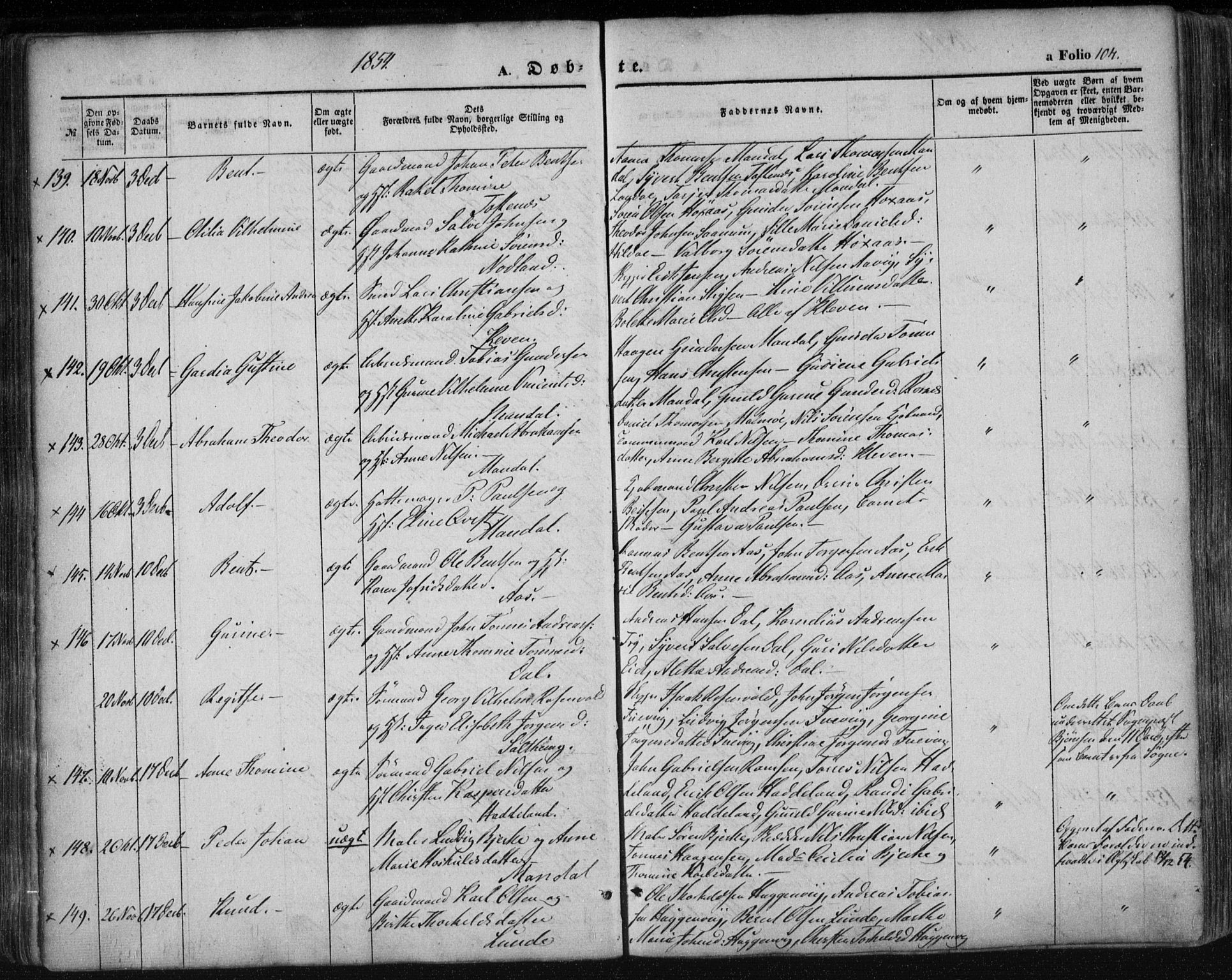 Mandal sokneprestkontor, AV/SAK-1111-0030/F/Fa/Faa/L0013: Ministerialbok nr. A 13, 1847-1859, s. 104