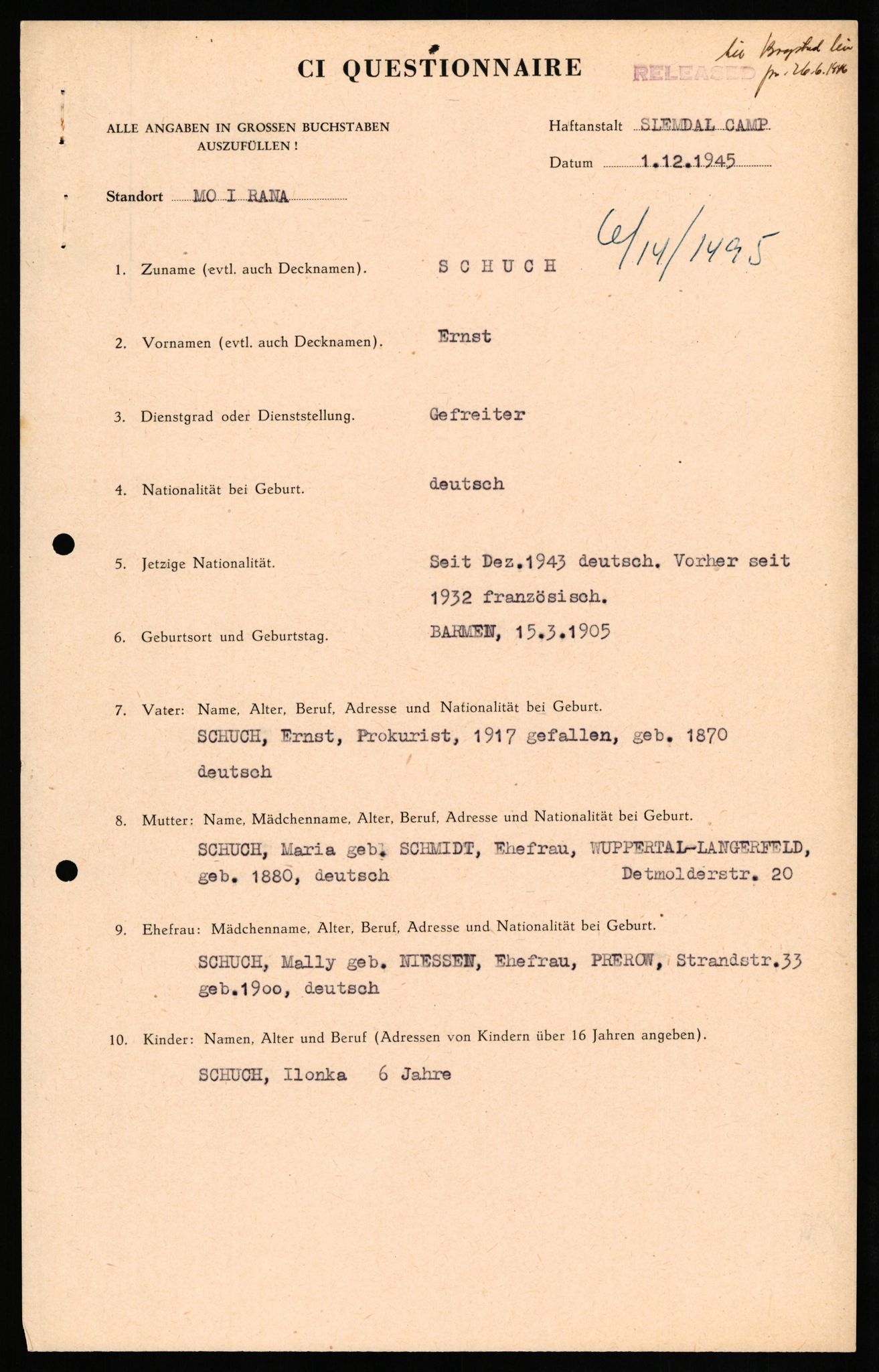Forsvaret, Forsvarets overkommando II, RA/RAFA-3915/D/Db/L0030: CI Questionaires. Tyske okkupasjonsstyrker i Norge. Tyskere., 1945-1946, s. 326
