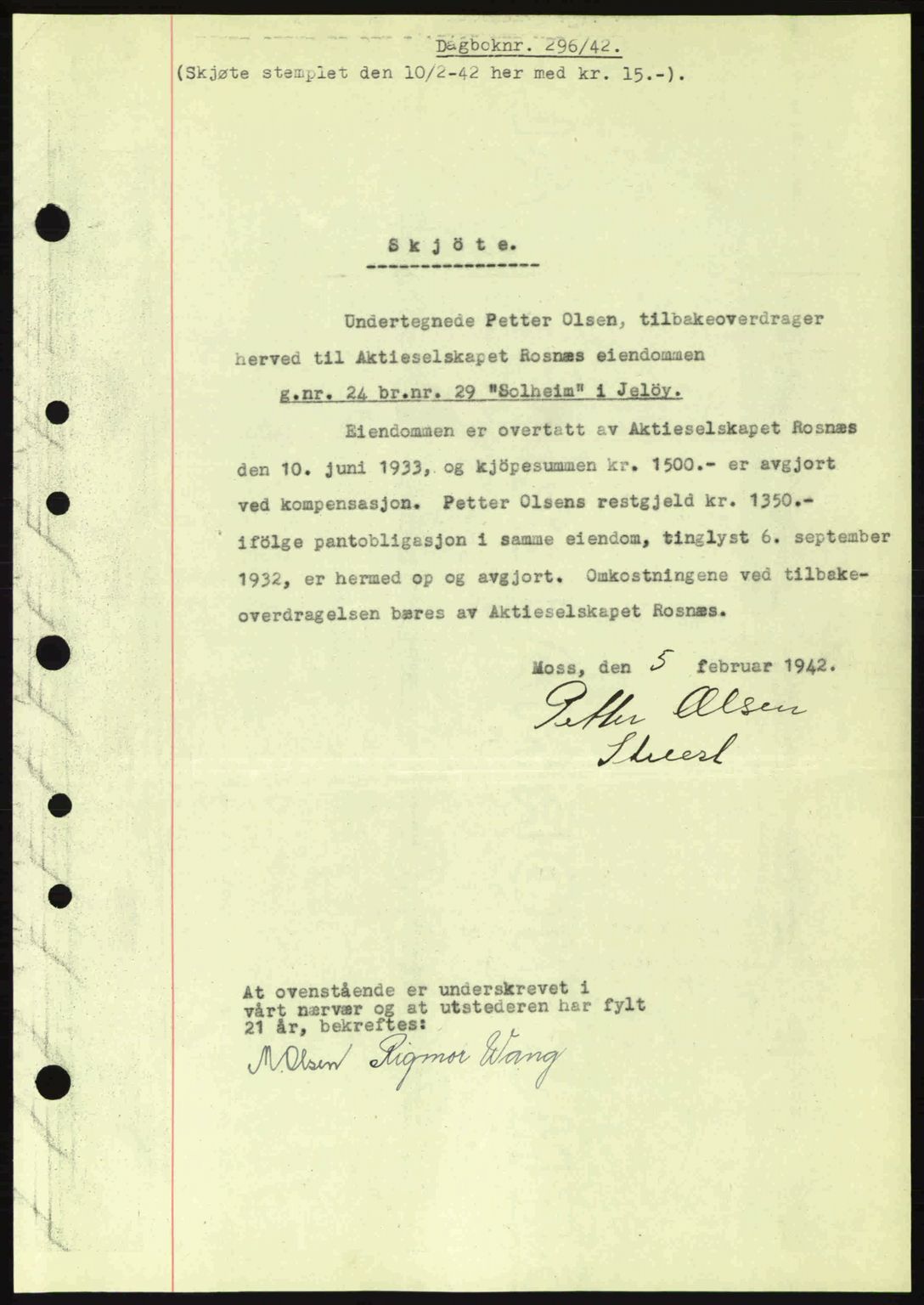 Moss sorenskriveri, SAO/A-10168: Pantebok nr. A9, 1941-1942, Dagboknr: 296/1942