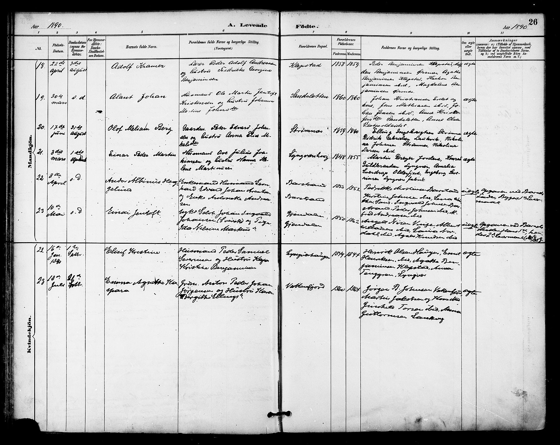 Ministerialprotokoller, klokkerbøker og fødselsregistre - Nordland, AV/SAT-A-1459/876/L1097: Ministerialbok nr. 876A03, 1886-1896, s. 26