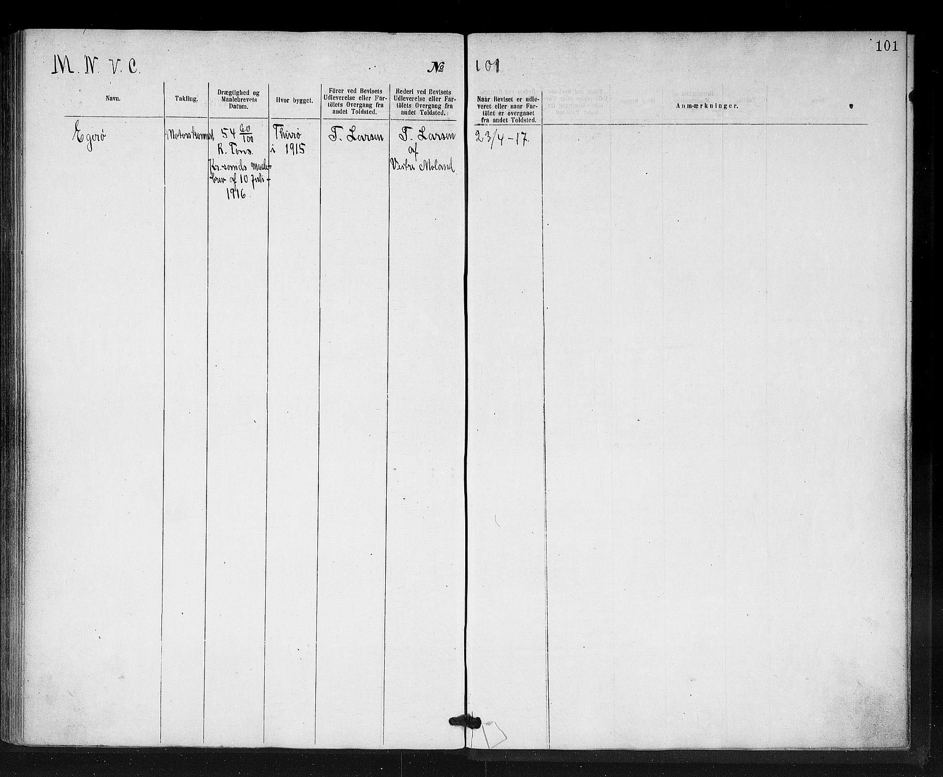 Lillesand tollsted, SAK/1351-0008/H/Ha/L0236: Utleverte nasjonalitetsbevis, 1861-1918, s. 101
