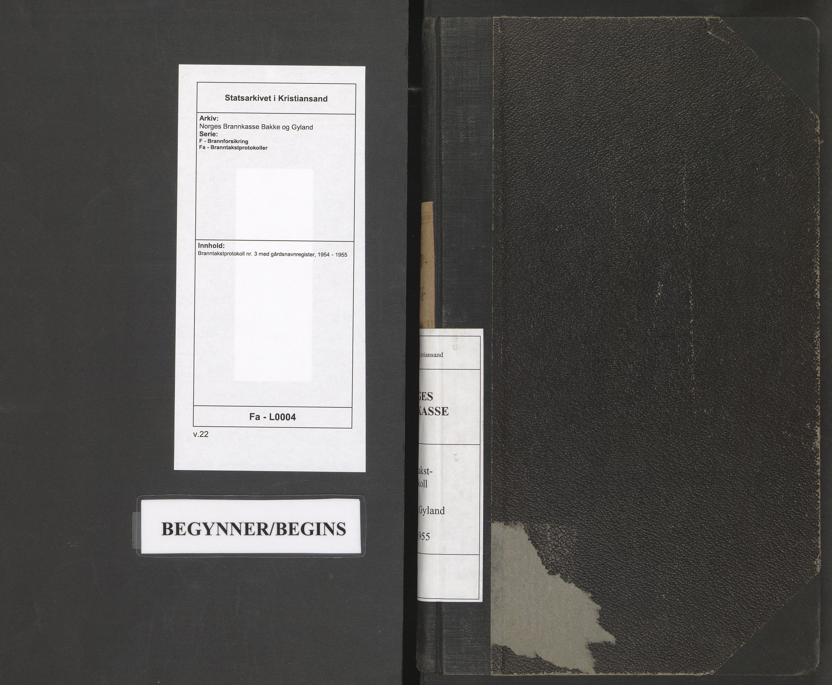 Norges Brannkasse Bakke og Gyland, SAK/2241-0003/F/Fa/L0004: Branntakstprotokoll nr. 3 med gårdsnavnregister, 1954-1955