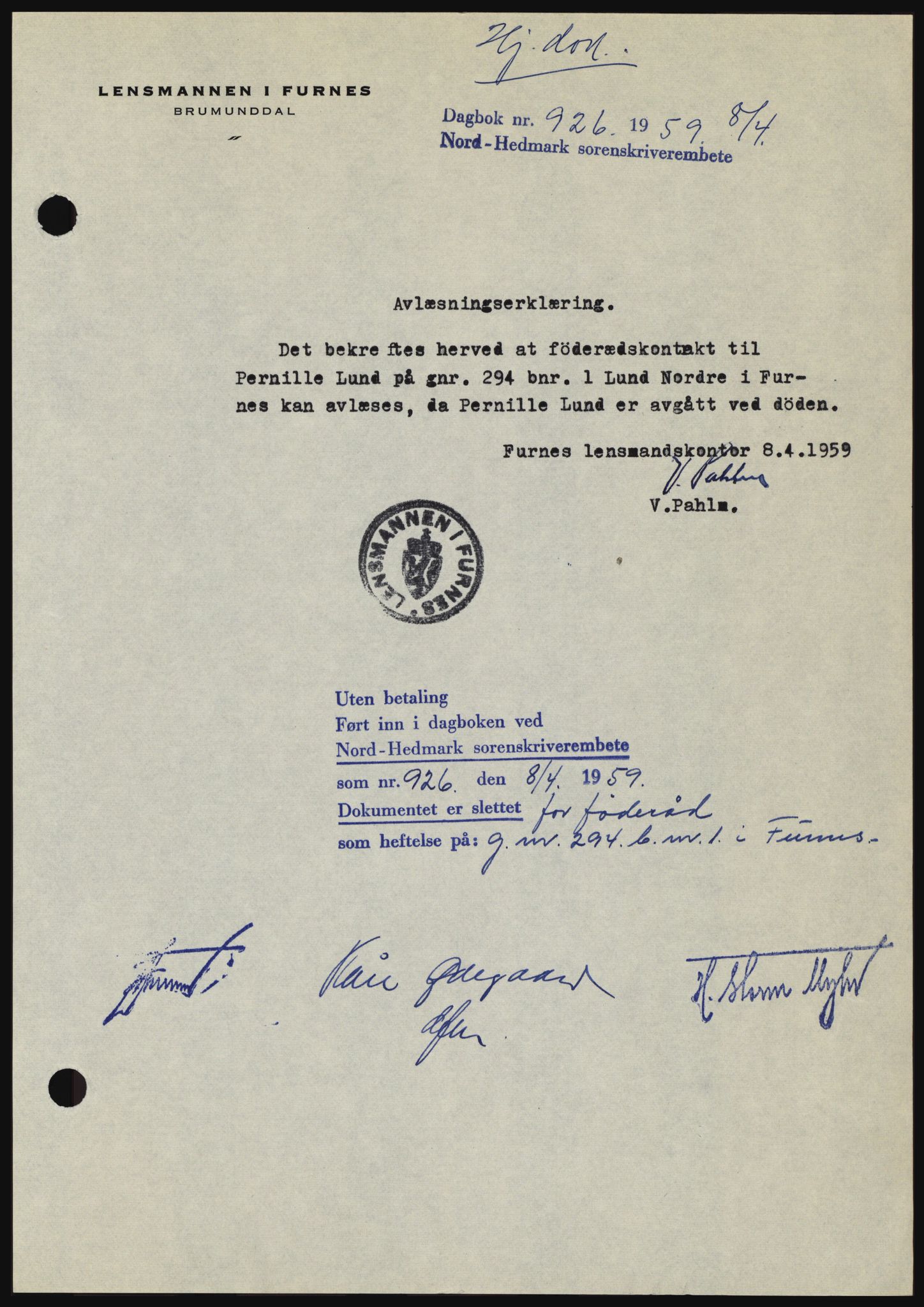 Nord-Hedmark sorenskriveri, SAH/TING-012/H/Hc/L0013: Pantebok nr. 13, 1959-1960, Dagboknr: 926/1959