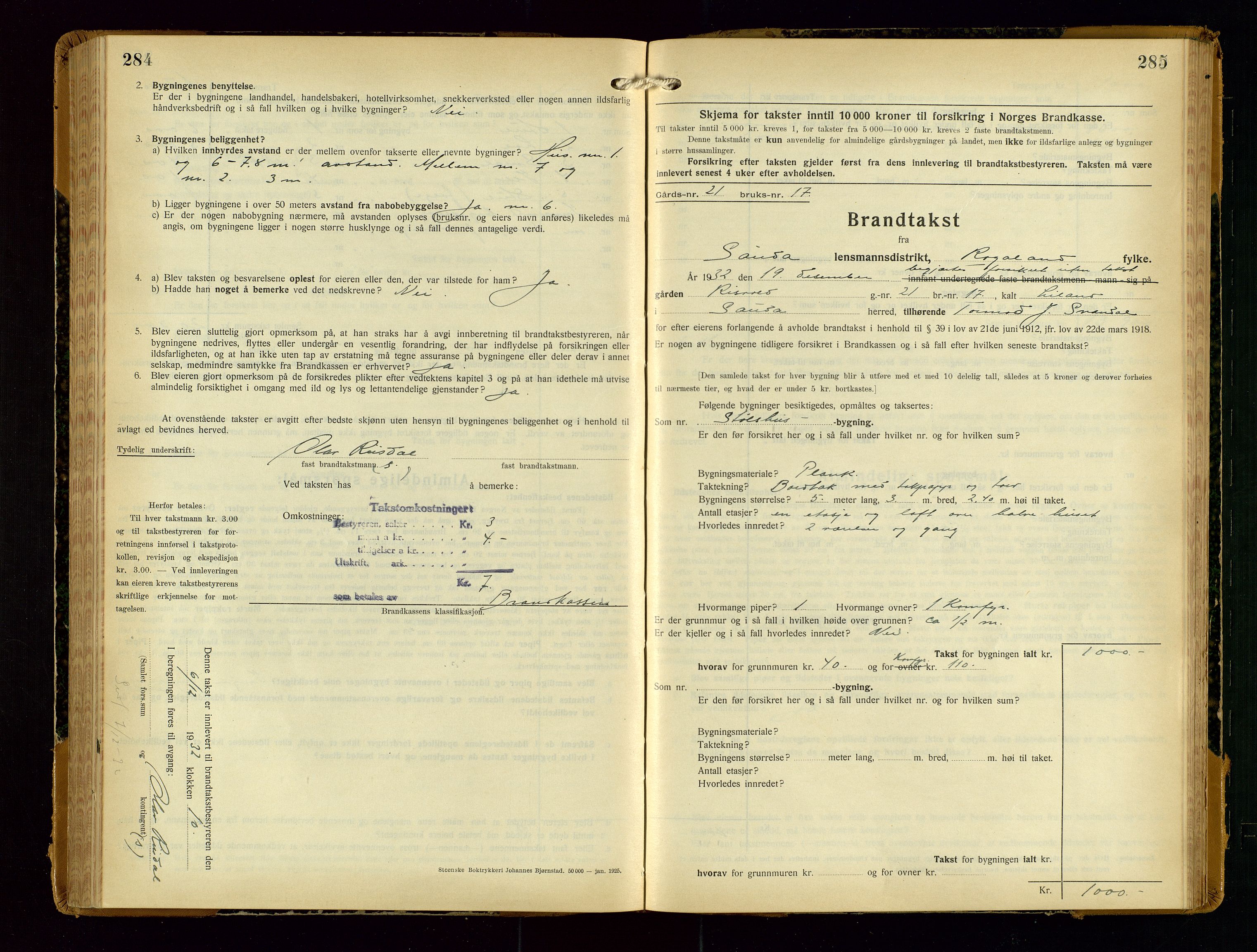 Sauda lensmannskontor, SAST/A-100177/Gob/L0003: Branntakstprotokoll - skjematakst, 1928-1936, s. 284-285