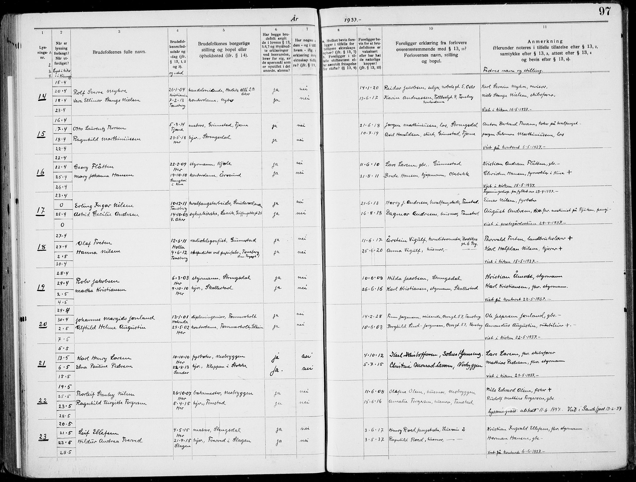 Nøtterøy kirkebøker, AV/SAKO-A-354/H/Ha/L0001: Lysningsprotokoll nr. 1, 1919-1937, s. 97