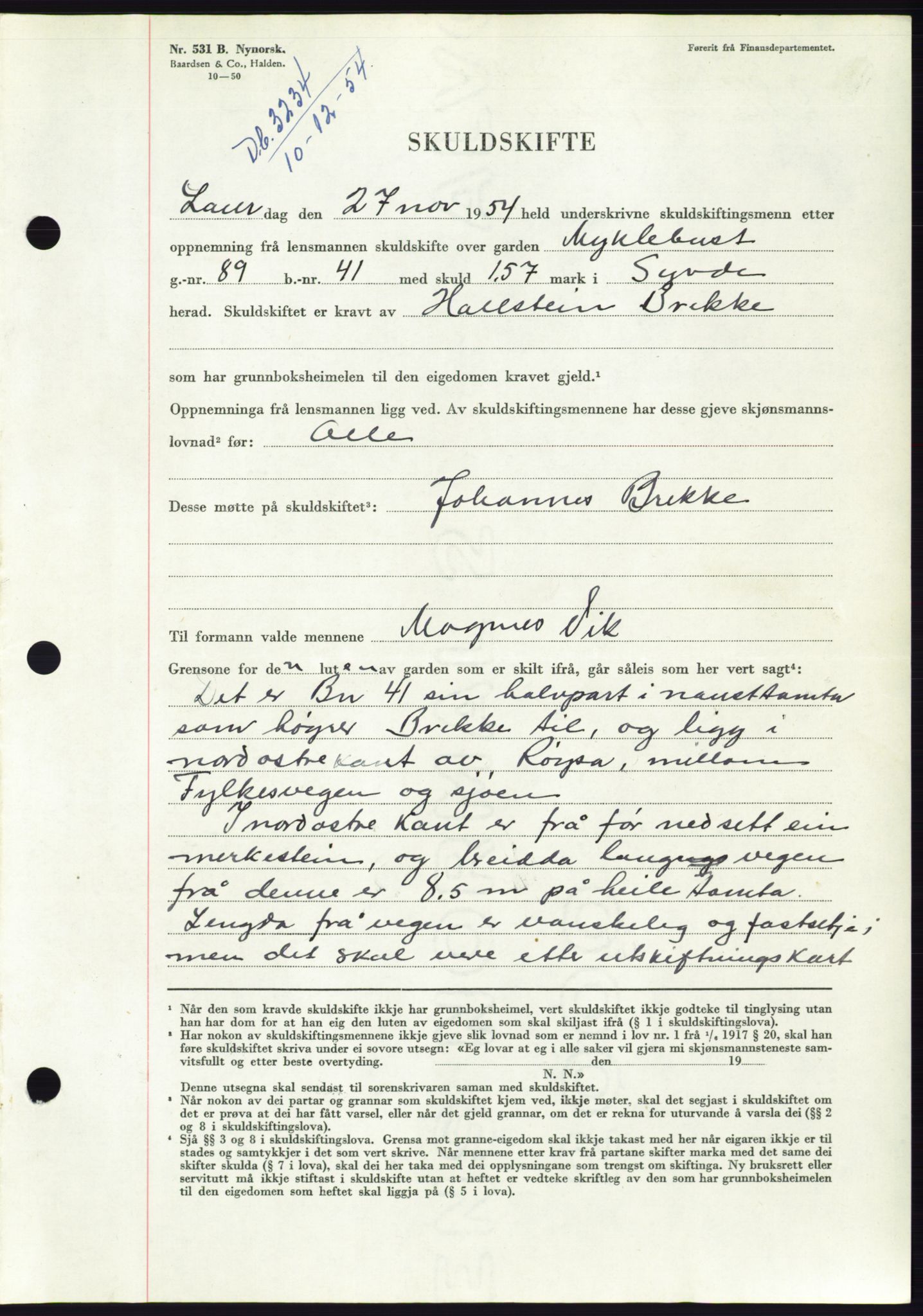 Søre Sunnmøre sorenskriveri, AV/SAT-A-4122/1/2/2C/L0099: Pantebok nr. 25A, 1954-1954, Dagboknr: 3234/1954