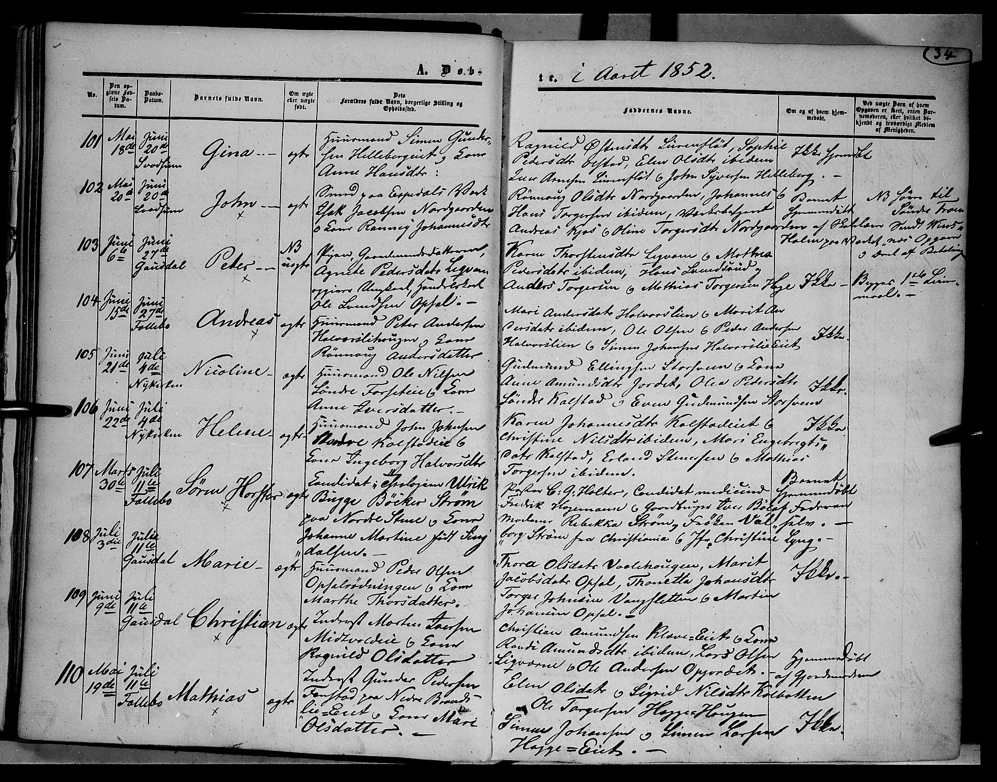 Gausdal prestekontor, AV/SAH-PREST-090/H/Ha/Haa/L0008: Ministerialbok nr. 8, 1850-1861, s. 34