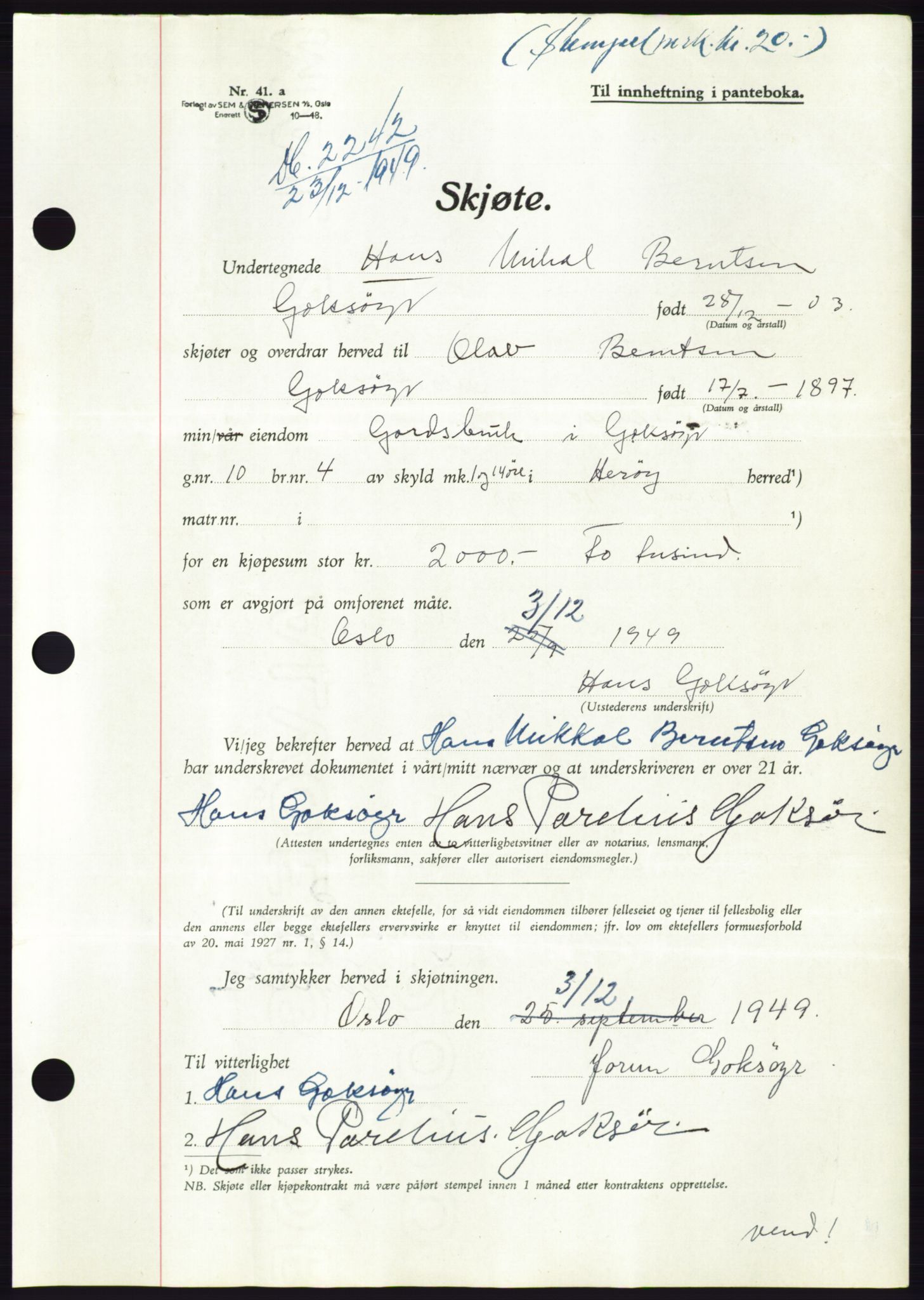 Søre Sunnmøre sorenskriveri, AV/SAT-A-4122/1/2/2C/L0086: Pantebok nr. 12A, 1949-1950, Dagboknr: 2242/1949