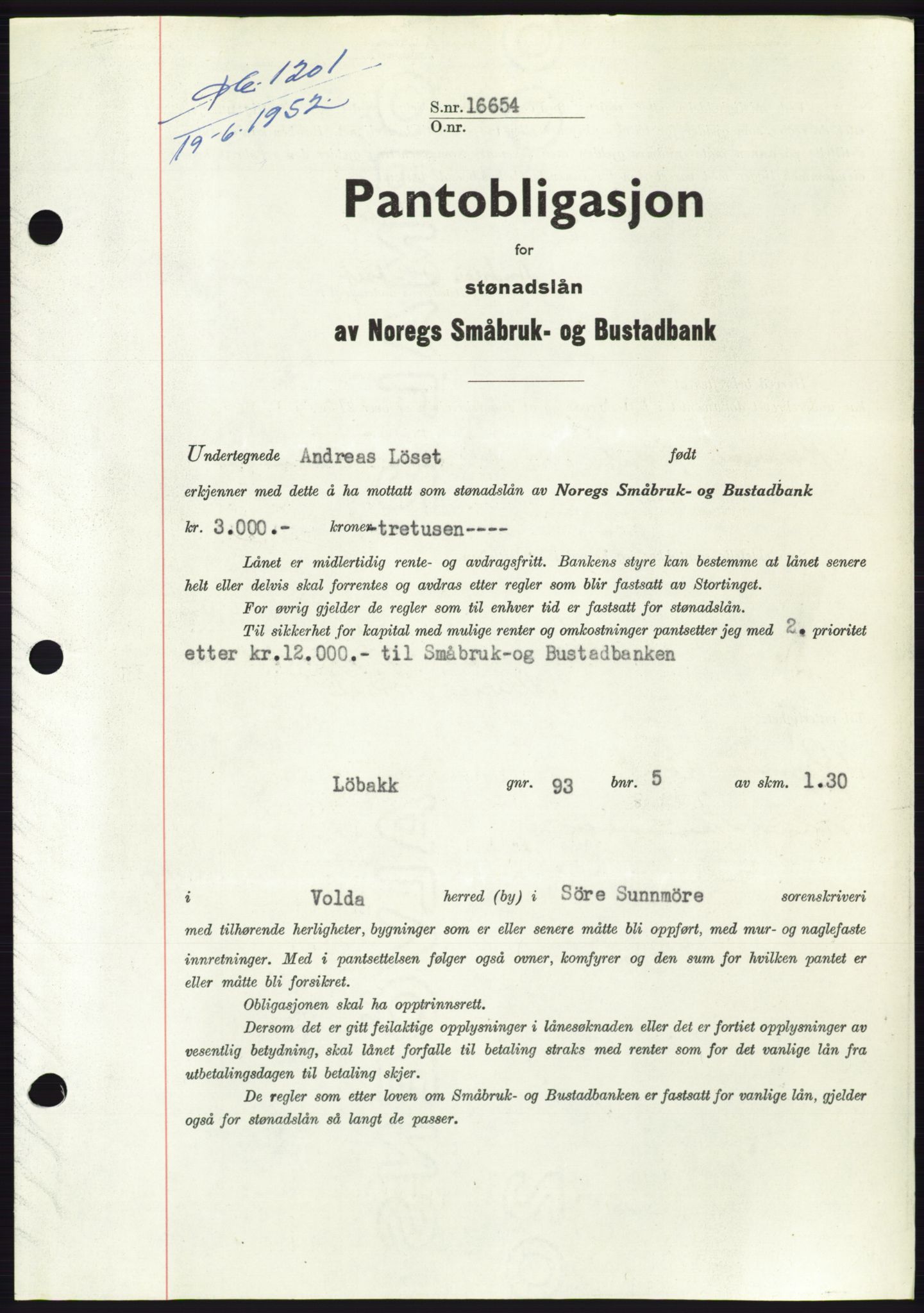 Søre Sunnmøre sorenskriveri, AV/SAT-A-4122/1/2/2C/L0121: Pantebok nr. 9B, 1951-1952, Dagboknr: 1201/1952