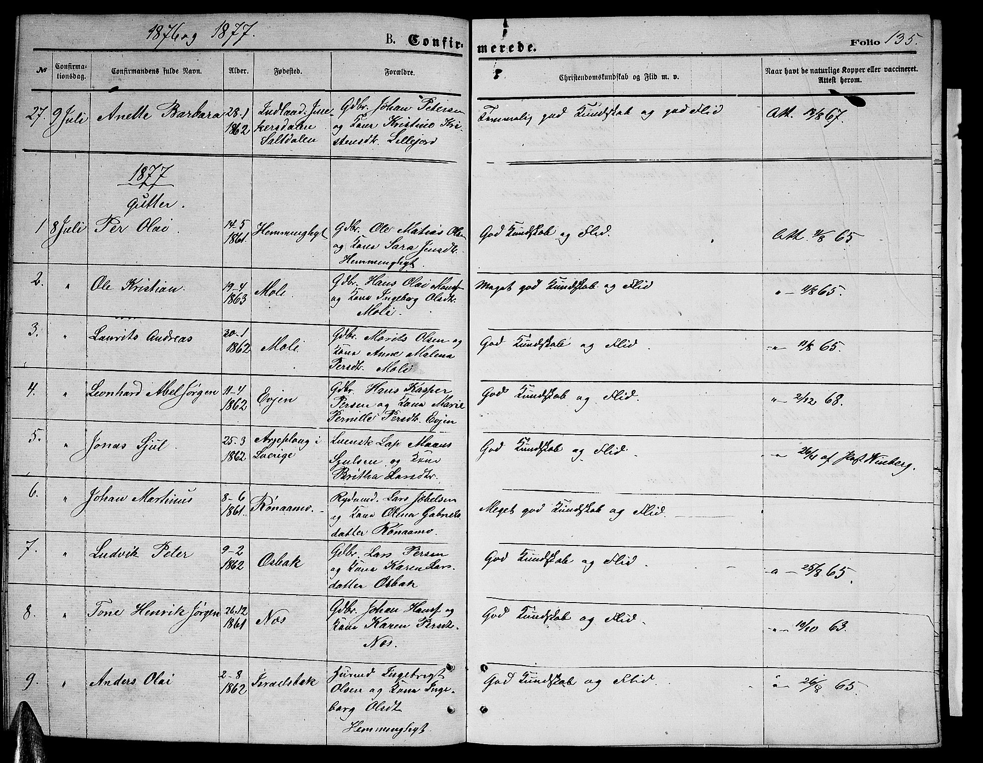 Ministerialprotokoller, klokkerbøker og fødselsregistre - Nordland, SAT/A-1459/846/L0653: Klokkerbok nr. 846C03, 1872-1887, s. 135