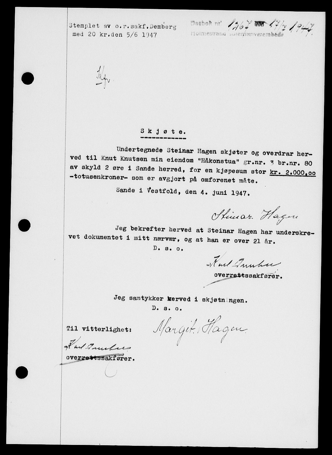 Holmestrand sorenskriveri, SAKO/A-67/G/Ga/Gaa/L0062: Pantebok nr. A-62, 1947-1947, Dagboknr: 1267/1947