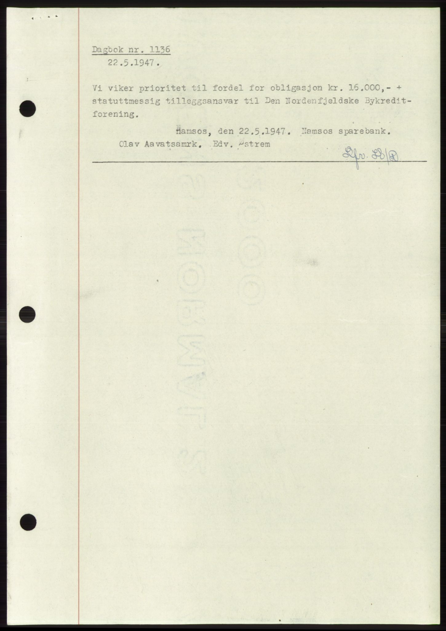 Namdal sorenskriveri, SAT/A-4133/1/2/2C: Pantebok nr. -, 1947-1947, Dagboknr: 1136/1947