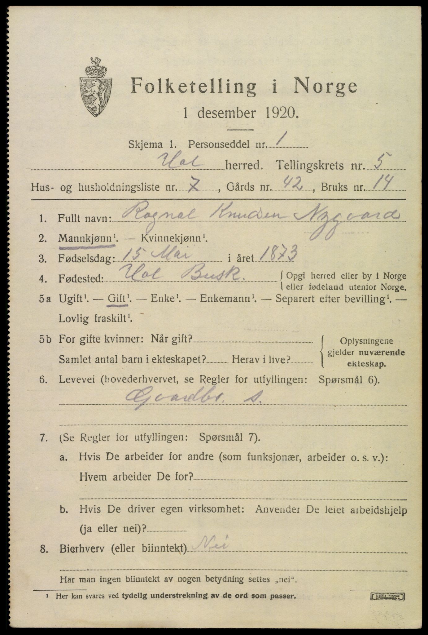 SAKO, Folketelling 1920 for 0620 Hol herred, 1920, s. 2821