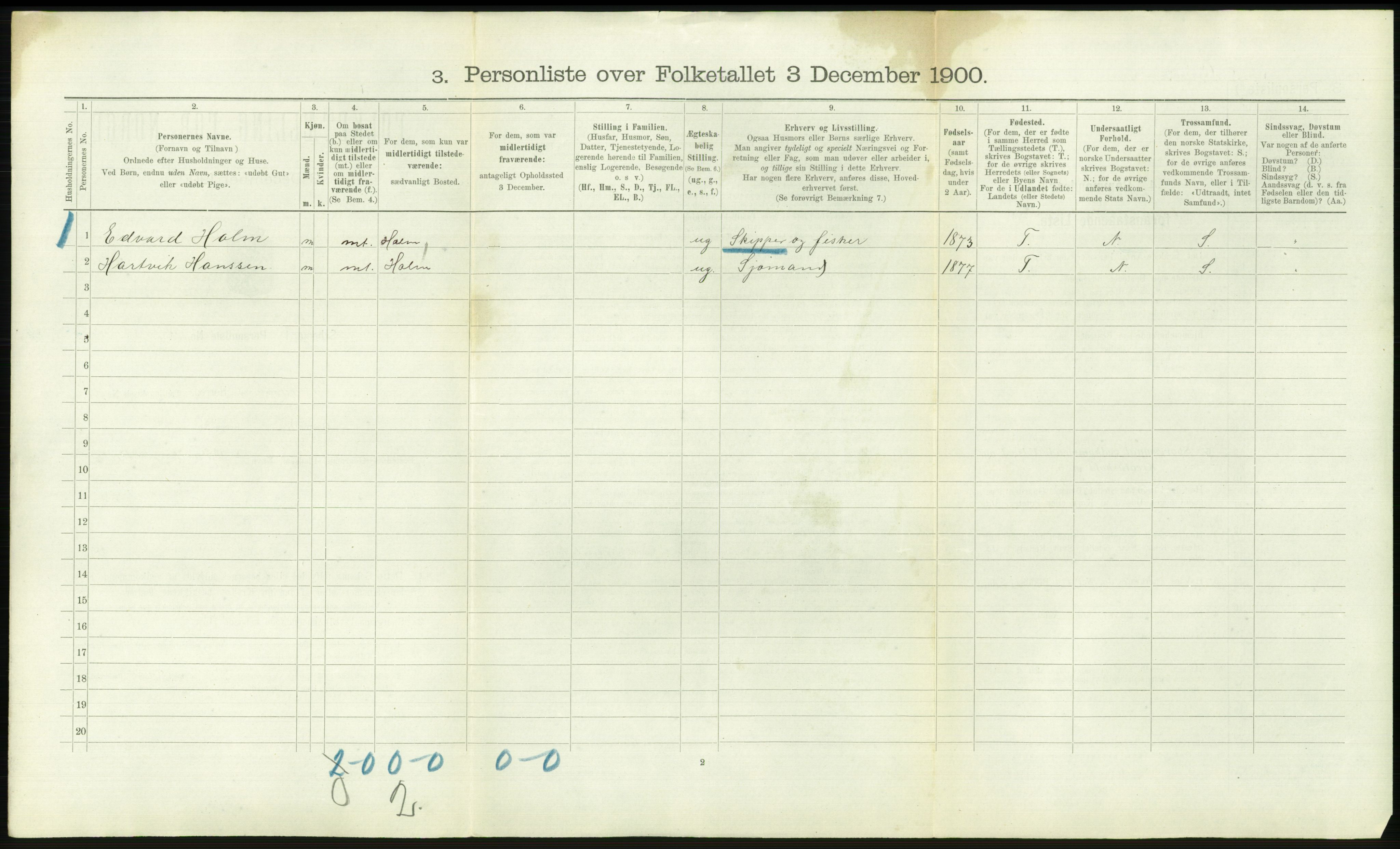 RA, Folketelling 1900 - skipslister med personlister for skip i norske havner, utenlandske havner og til havs, 1900, s. 2834