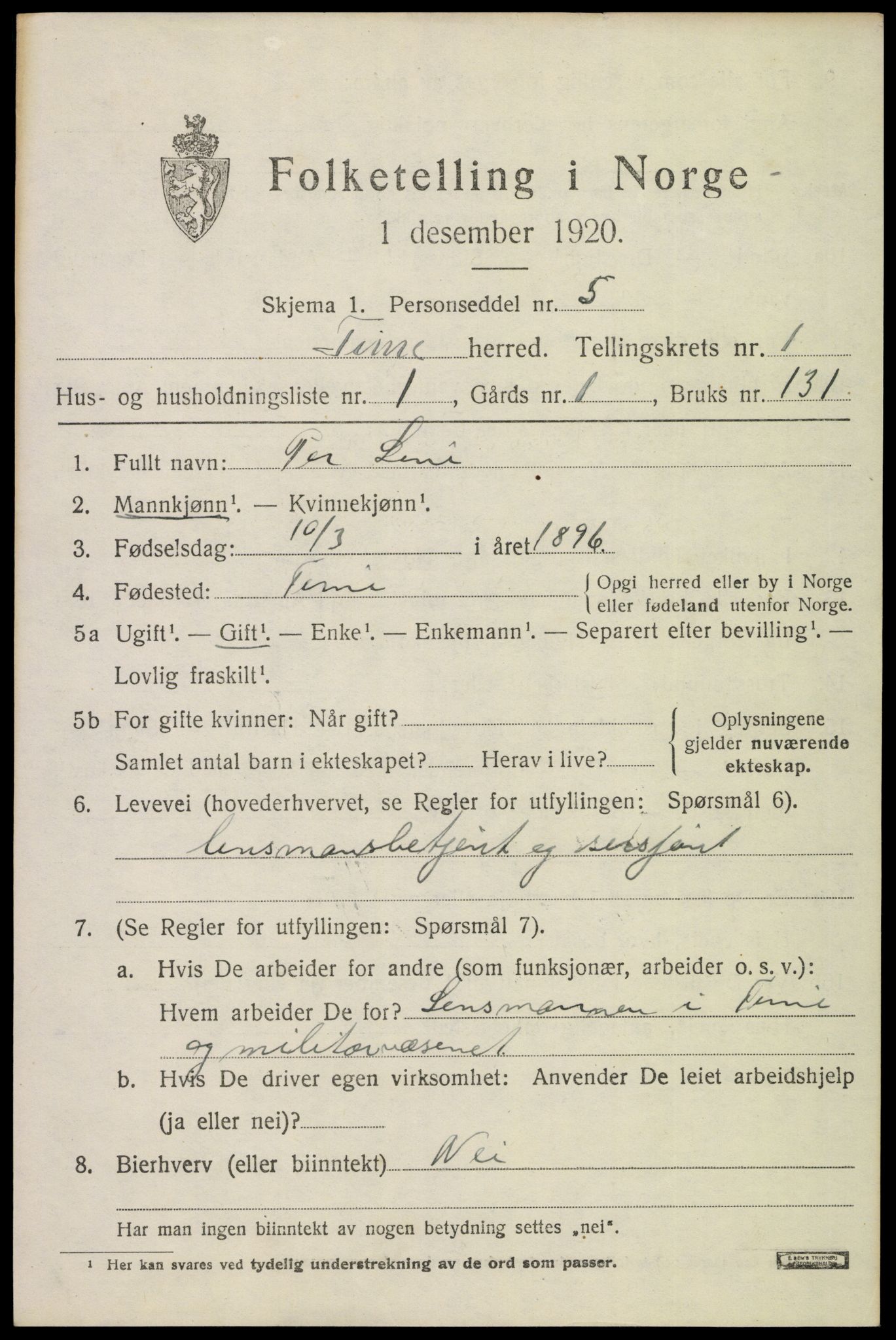 SAST, Folketelling 1920 for 1121 Time herred, 1920, s. 1283