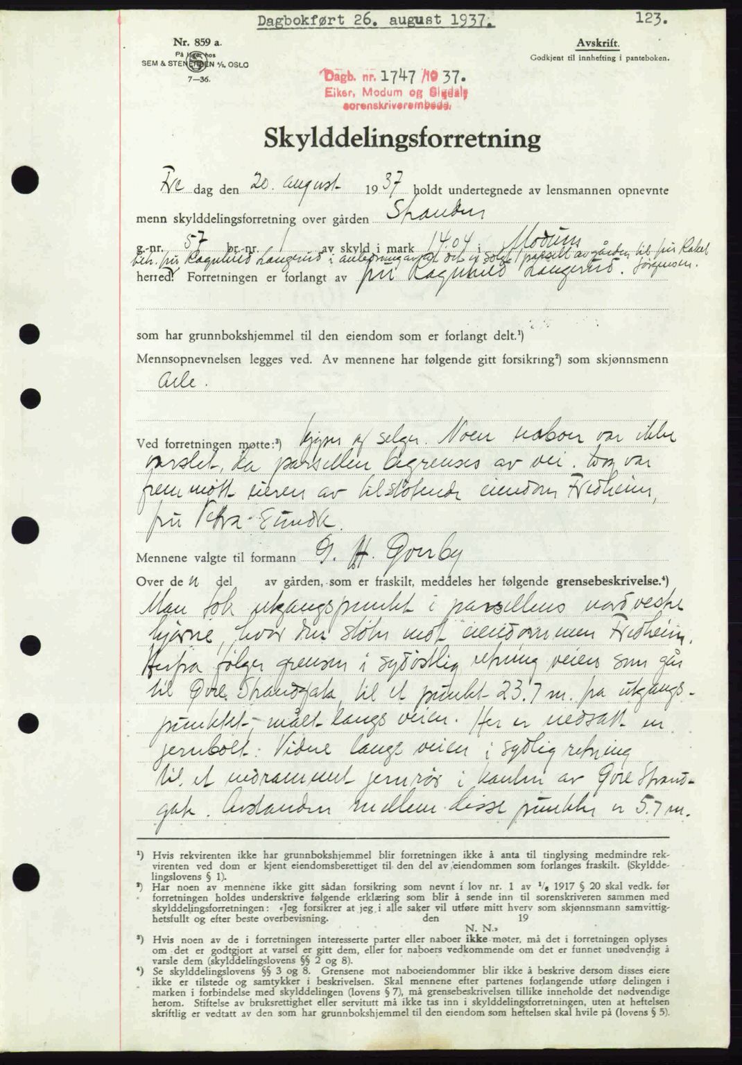 Eiker, Modum og Sigdal sorenskriveri, SAKO/A-123/G/Ga/Gab/L0036: Pantebok nr. A6, 1937-1937, Dagboknr: 1747/1937