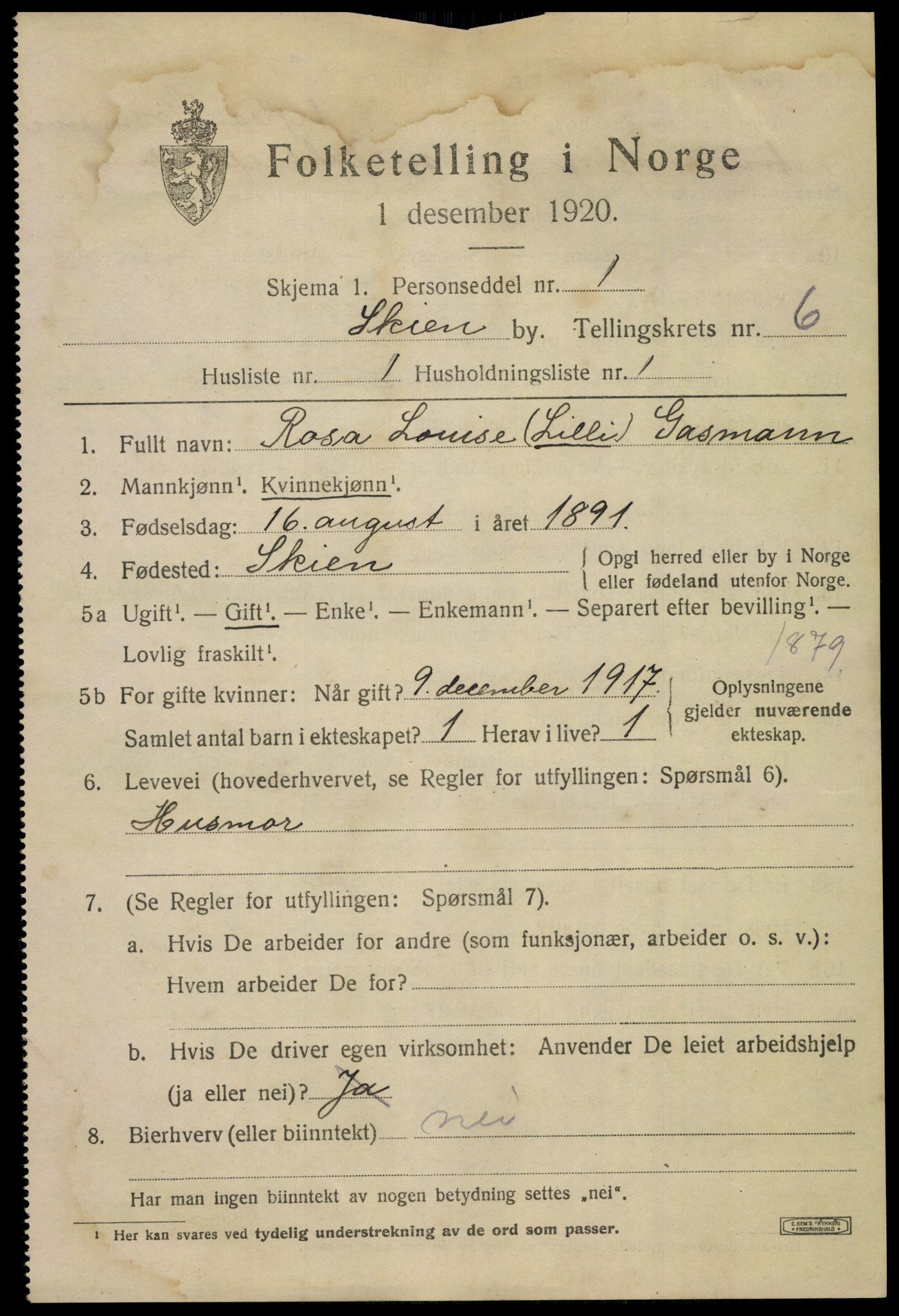 SAKO, Folketelling 1920 for 0806 Skien kjøpstad, 1920, s. 21826