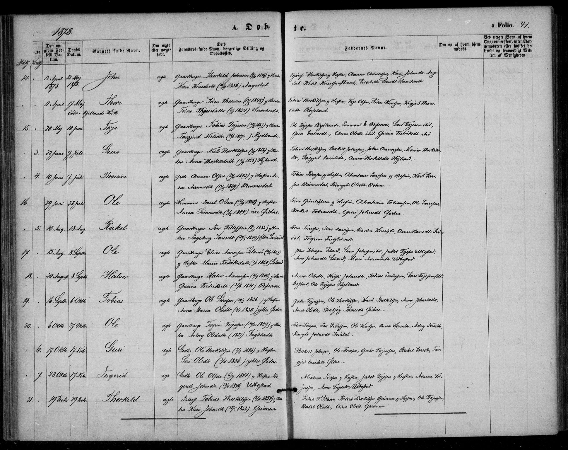 Bjelland sokneprestkontor, AV/SAK-1111-0005/F/Fa/Fac/L0002: Ministerialbok nr. A 2, 1866-1887, s. 41