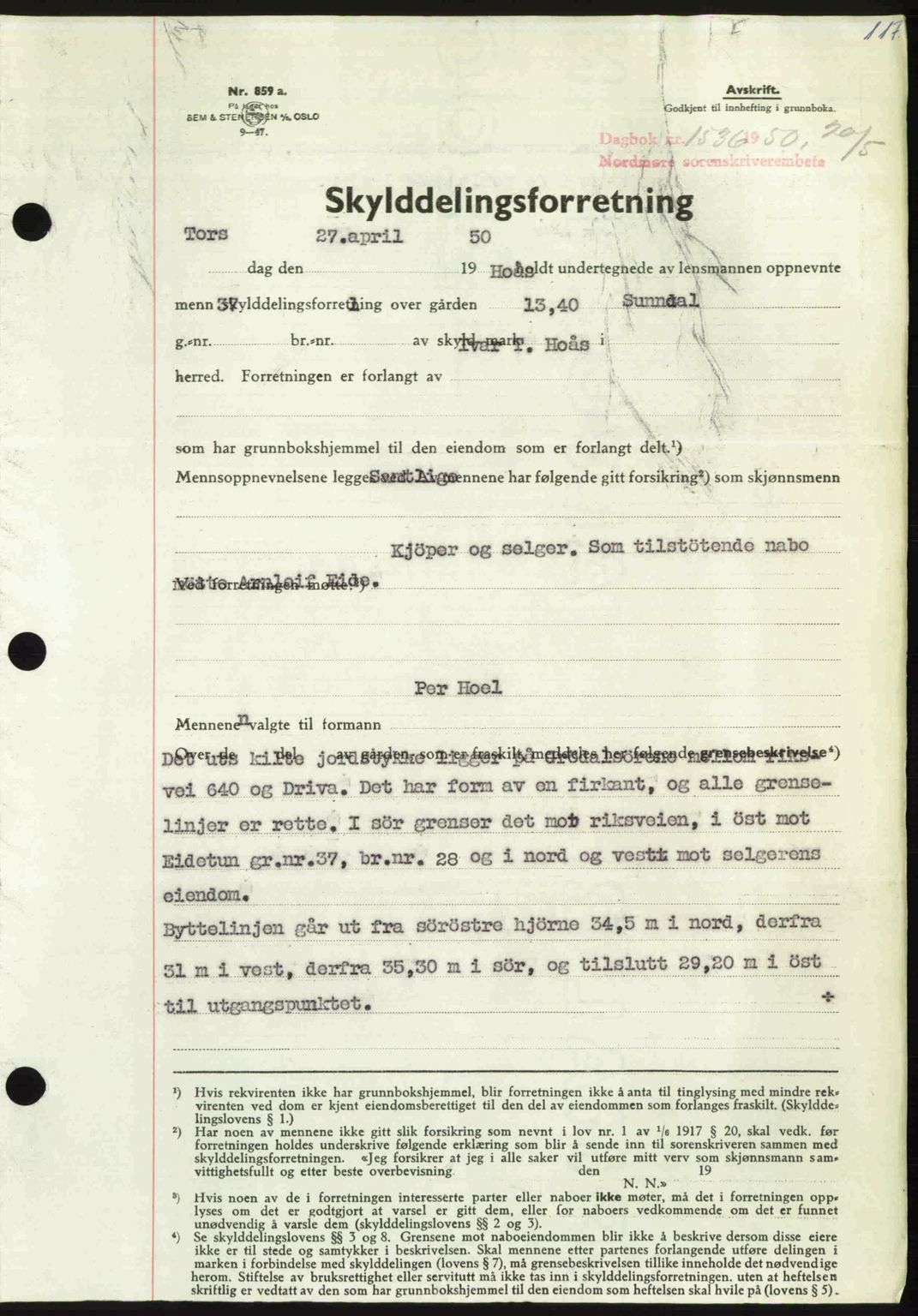 Nordmøre sorenskriveri, SAT/A-4132/1/2/2Ca: Pantebok nr. A115, 1950-1950, Dagboknr: 1536/1950