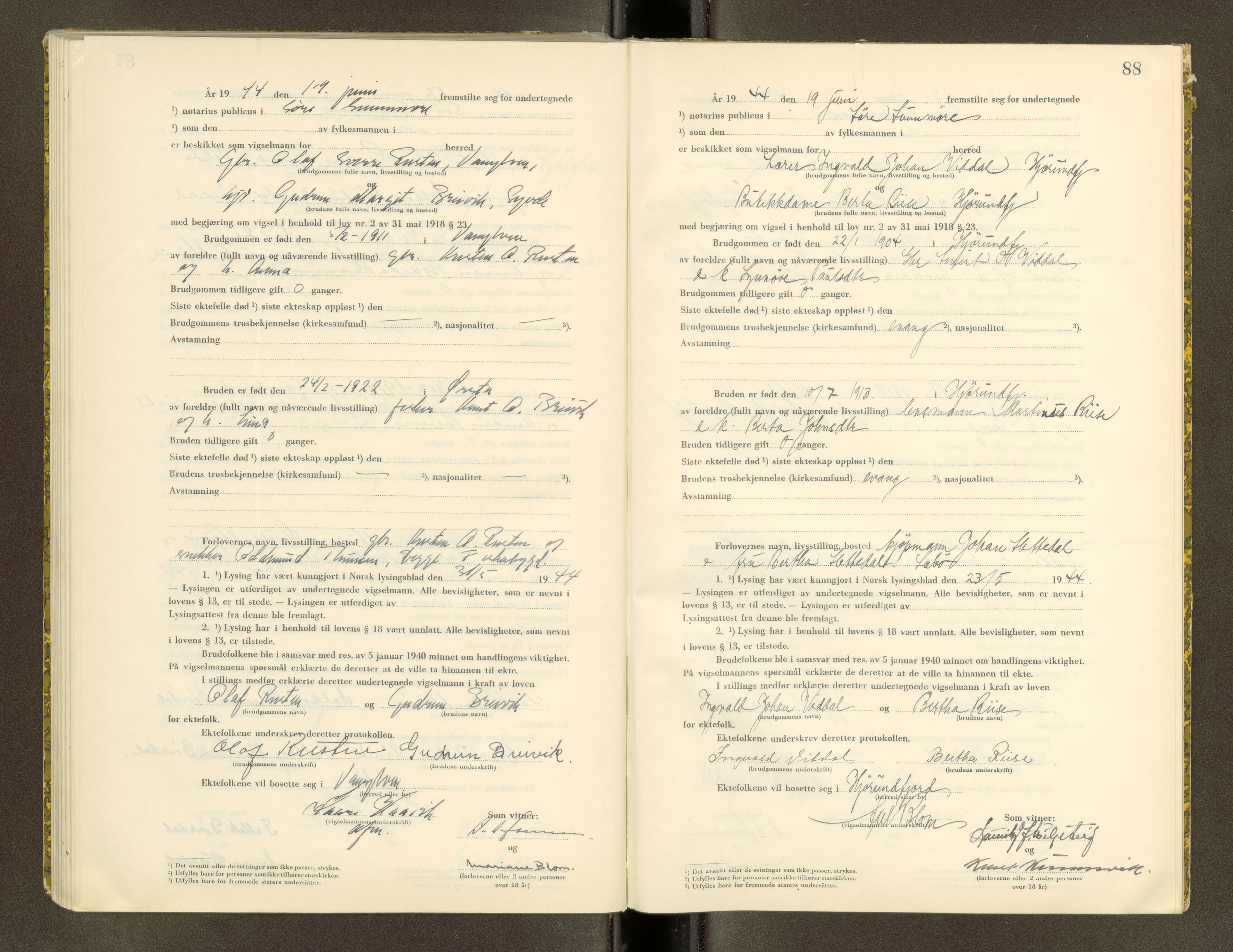 Søre Sunnmøre sorenskriveri, AV/SAT-A-4122/1/6/6D/L0002: Vigselsbok, 1943-1944, s. 88