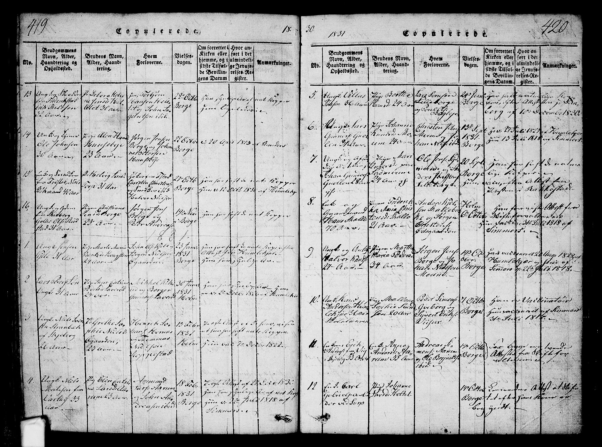 Borge prestekontor Kirkebøker, SAO/A-10903/G/Ga/L0001: Klokkerbok nr.  I 1, 1815-1835, s. 419-420