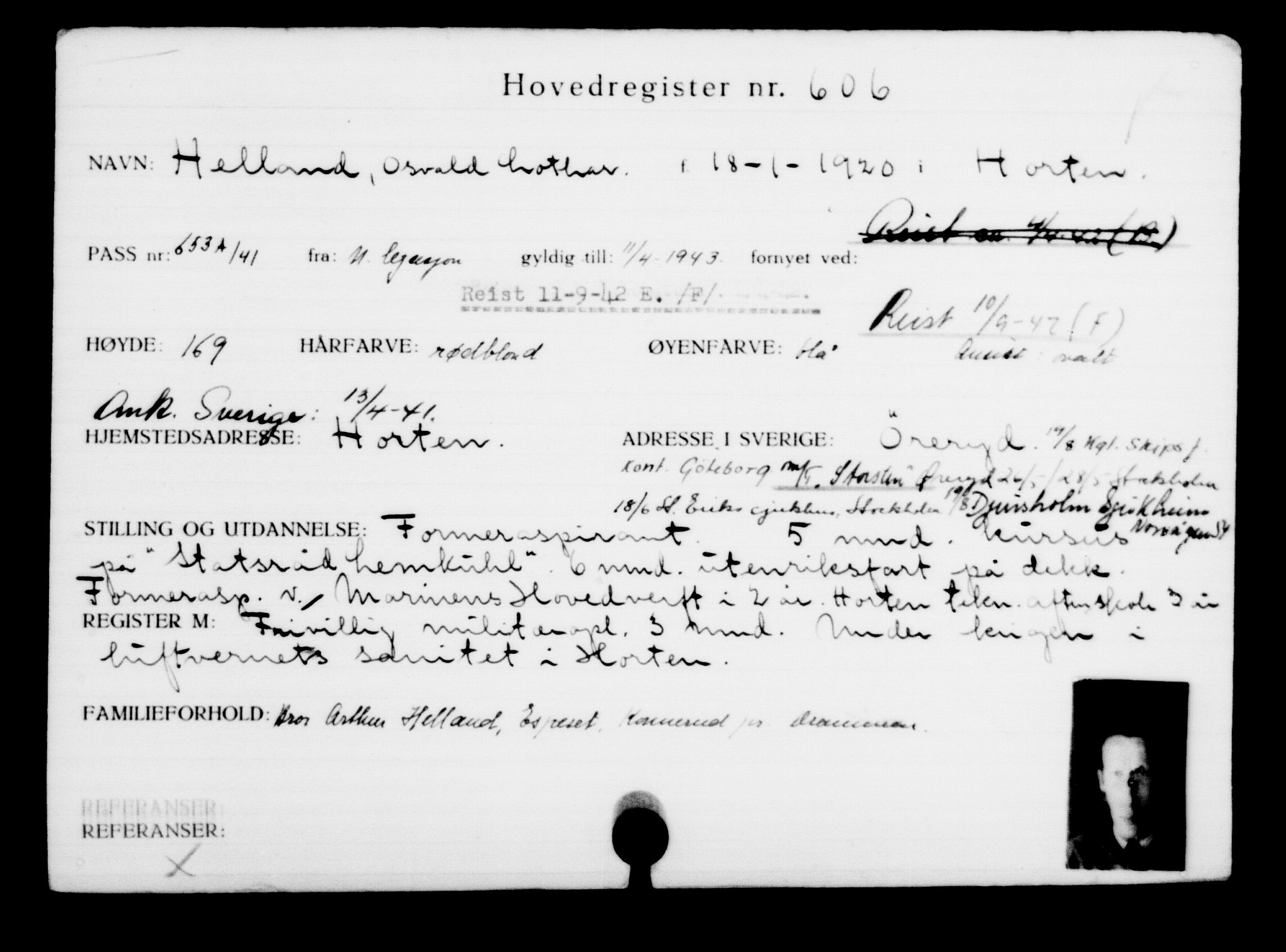 Utenriksstasjonene, Legasjonen i Stockholm, Flyktningkontoret, AV/RA-S-6753/V/Va/L0001: Kjesäterkartoteket, flyktninger med registreringsnr. 1-1000, 1940-1945, s. 948
